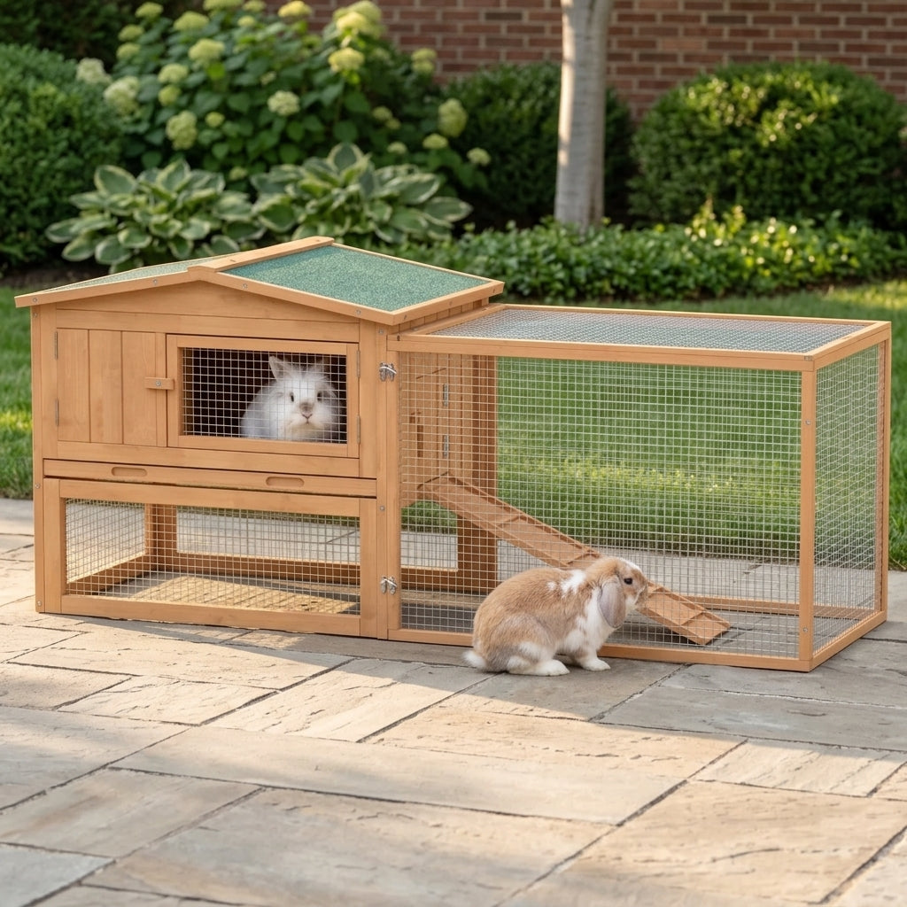 Rabbit Cage Outdoor, 62" Wooden Outdoor Rabbit Hutch, Small Animal Habitat with Detachable Run and Elevated Main House, Natural
