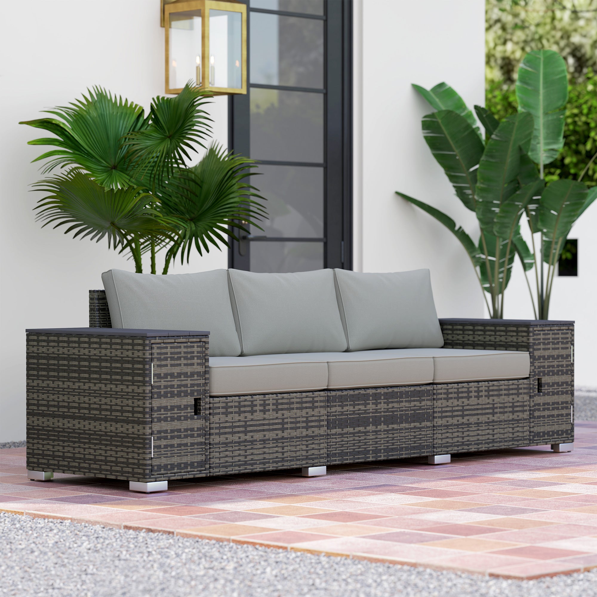 3 Seater Wicker Outdoor Couch Patio Sofa with Storage, Thickened Cushions and Wide Armrests for Porch Yard, Gray