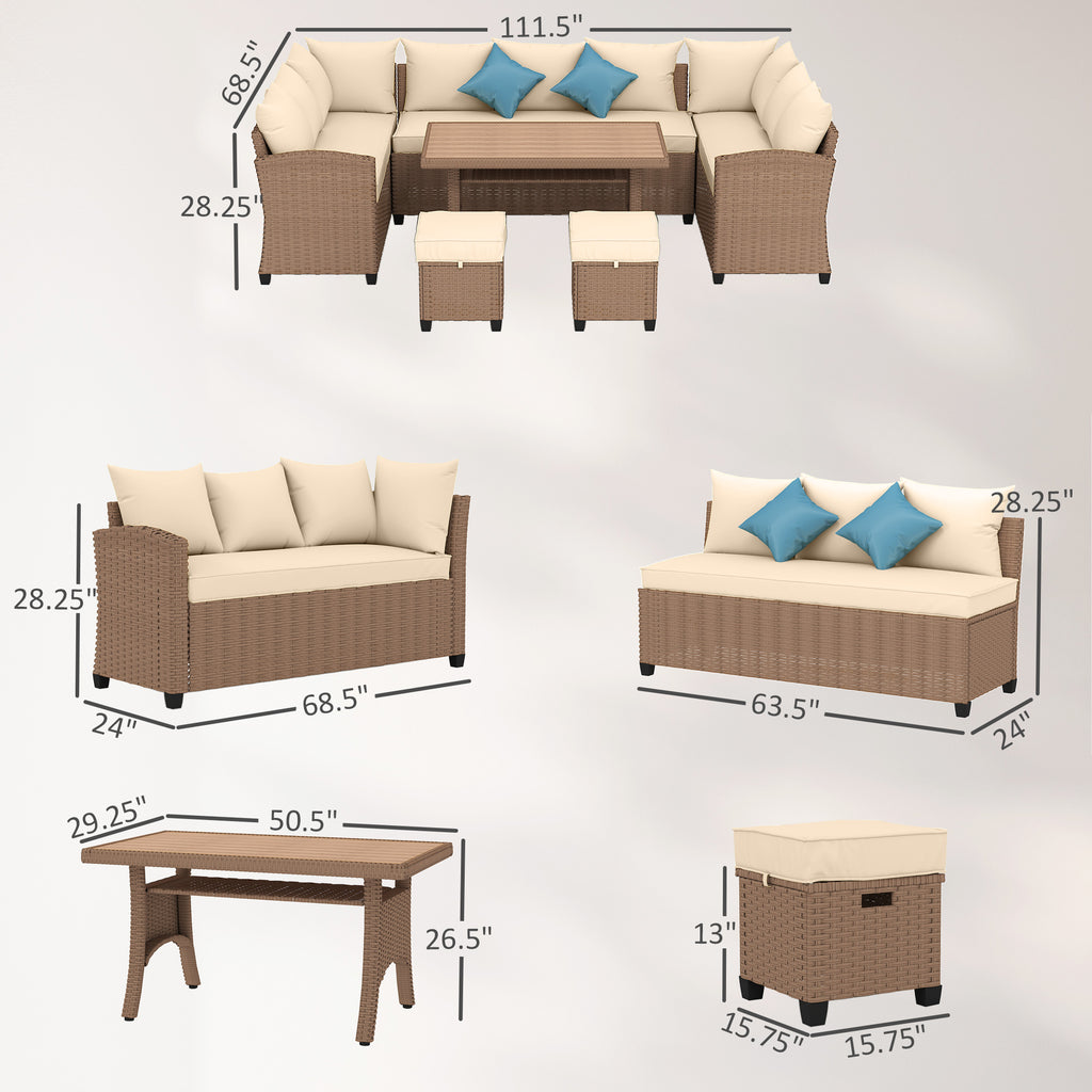 6 Piece Patio Furniture Set, PE Wicker Outdoor Furniture Conversation Set with 3 Sofas, 2 Ottomans and Slatted WPC Top Dining Table, All Weather Sectional Sofa Couch with Pillows, Khaki