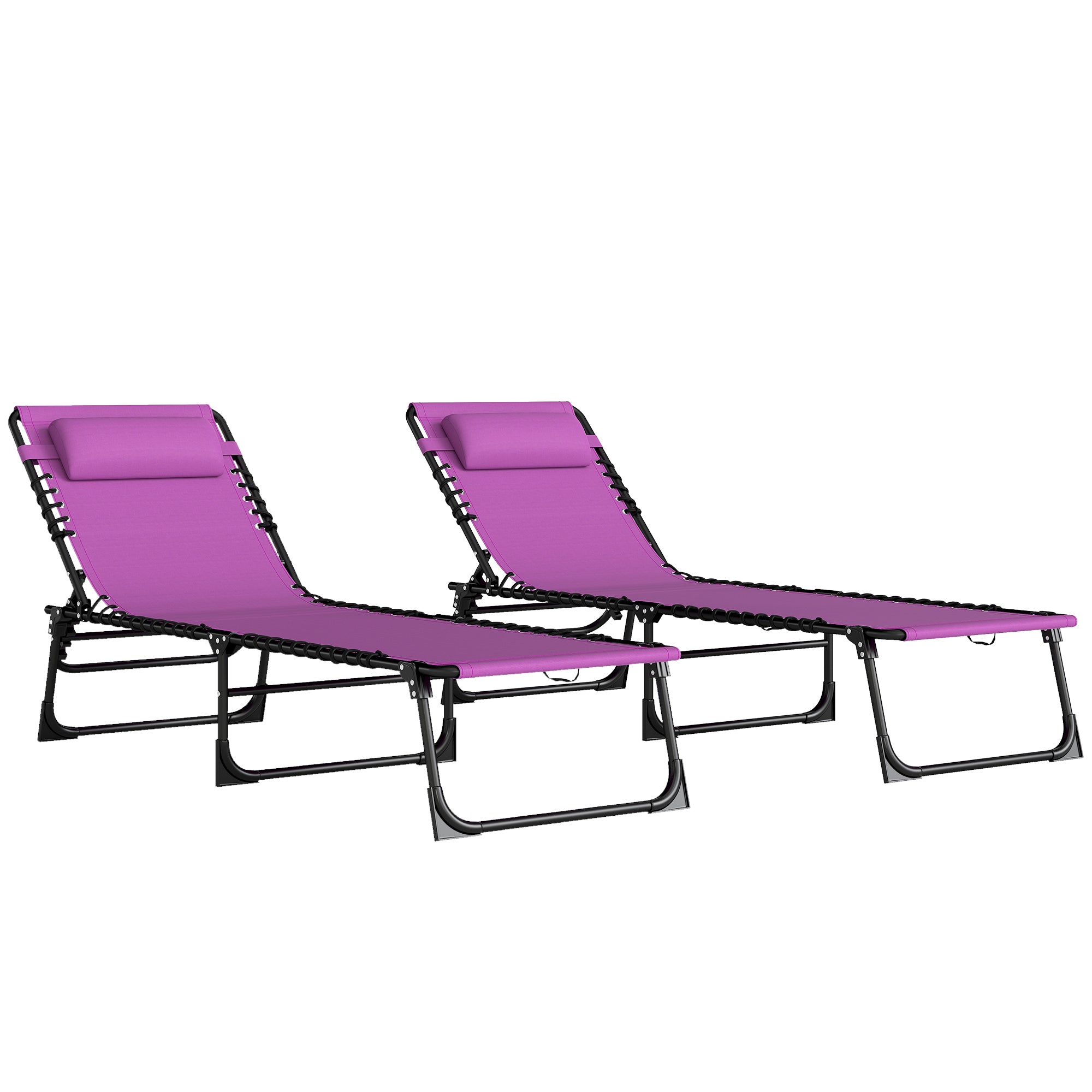 2 Folding Chaise Lounge Pool Chairs with 4-Position Reclining Back, Pillow, Breathable Mesh & Bungee Seat, Purple