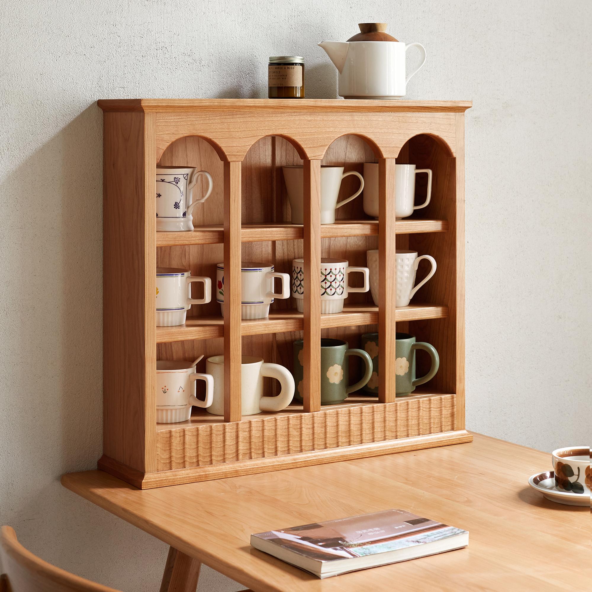 Solid Cup Storage Rack with Ample Shelving & Eco-Friendly Finish, Durable Cabinet for Dining Space, 24.5″ L x 6″ W x 22″ H, Natural Cherry