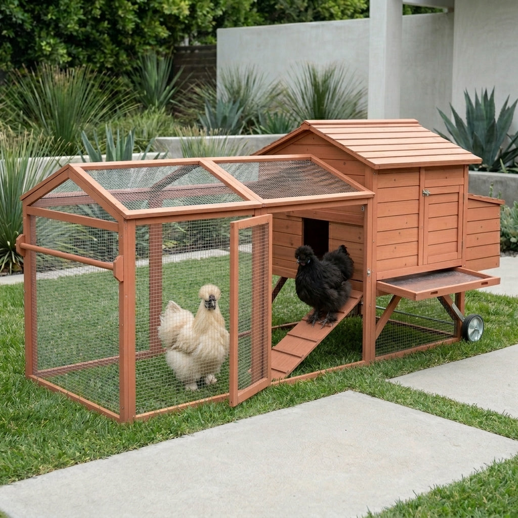 96.5" Chicken Coop Wooden Hen House Poultry Cage Pen Portable with Wheels and Nesting Box, Chicken Cage for Backyard Outdoor, Natural