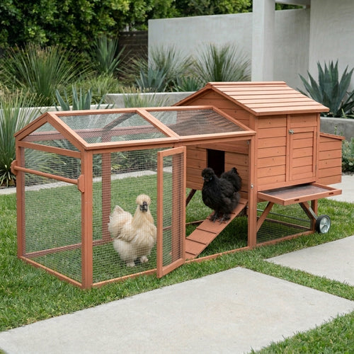 96.5" Chicken Coop Wooden Hen House Poultry Cage Pen Portable with Wheels and Nesting Box, Chicken Cage for Backyard Outdoor, Natural