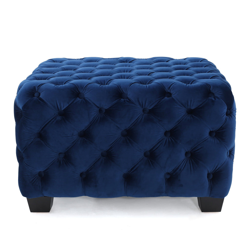 Velvet Ottoman with Cushioned Top, Sturdy Frame, and Space-Saving Design, 29" L x 29" W x 18.25" H, Navy Blue