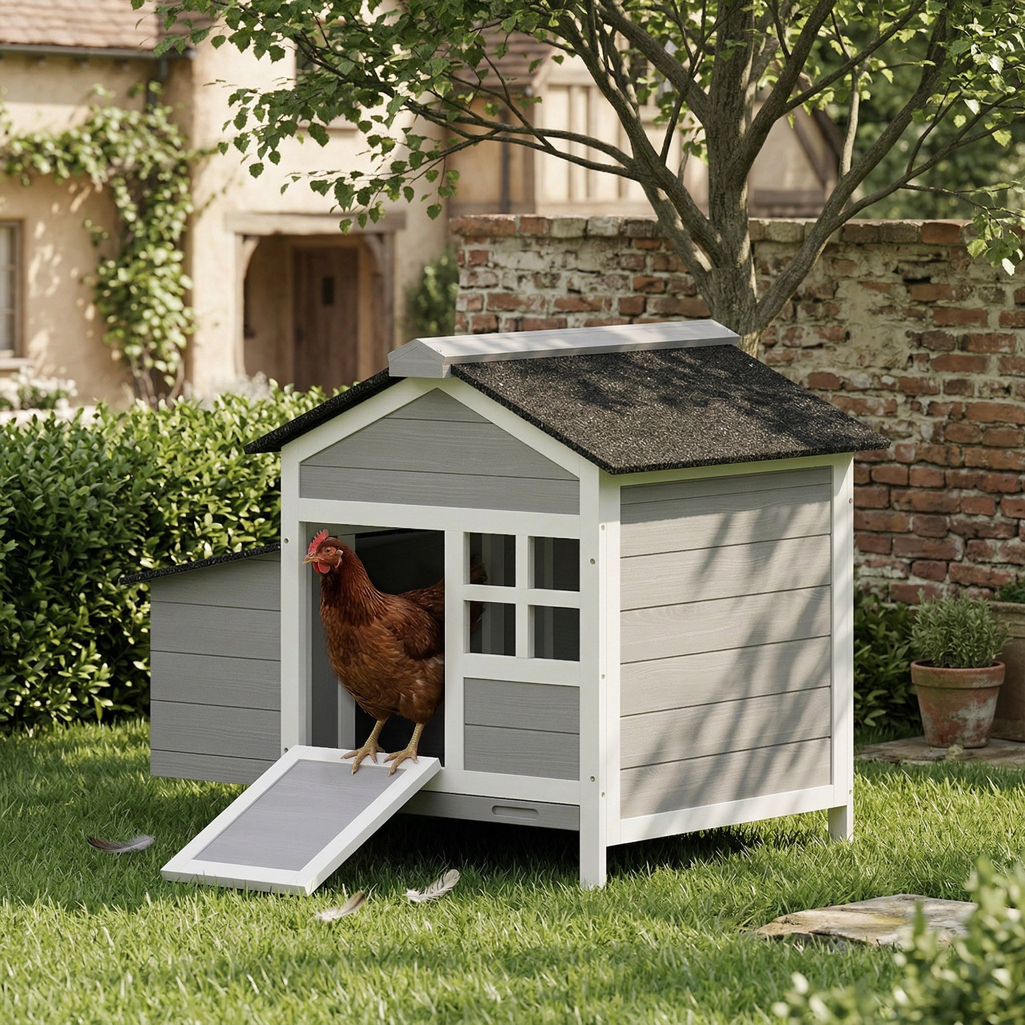 Wooden Chicken Coop Outdoor with Nesting Box, Pull-Out Metal Tray, for 1-2 Chickens, Rabbits, Ducks, 36" x 25" x 27"