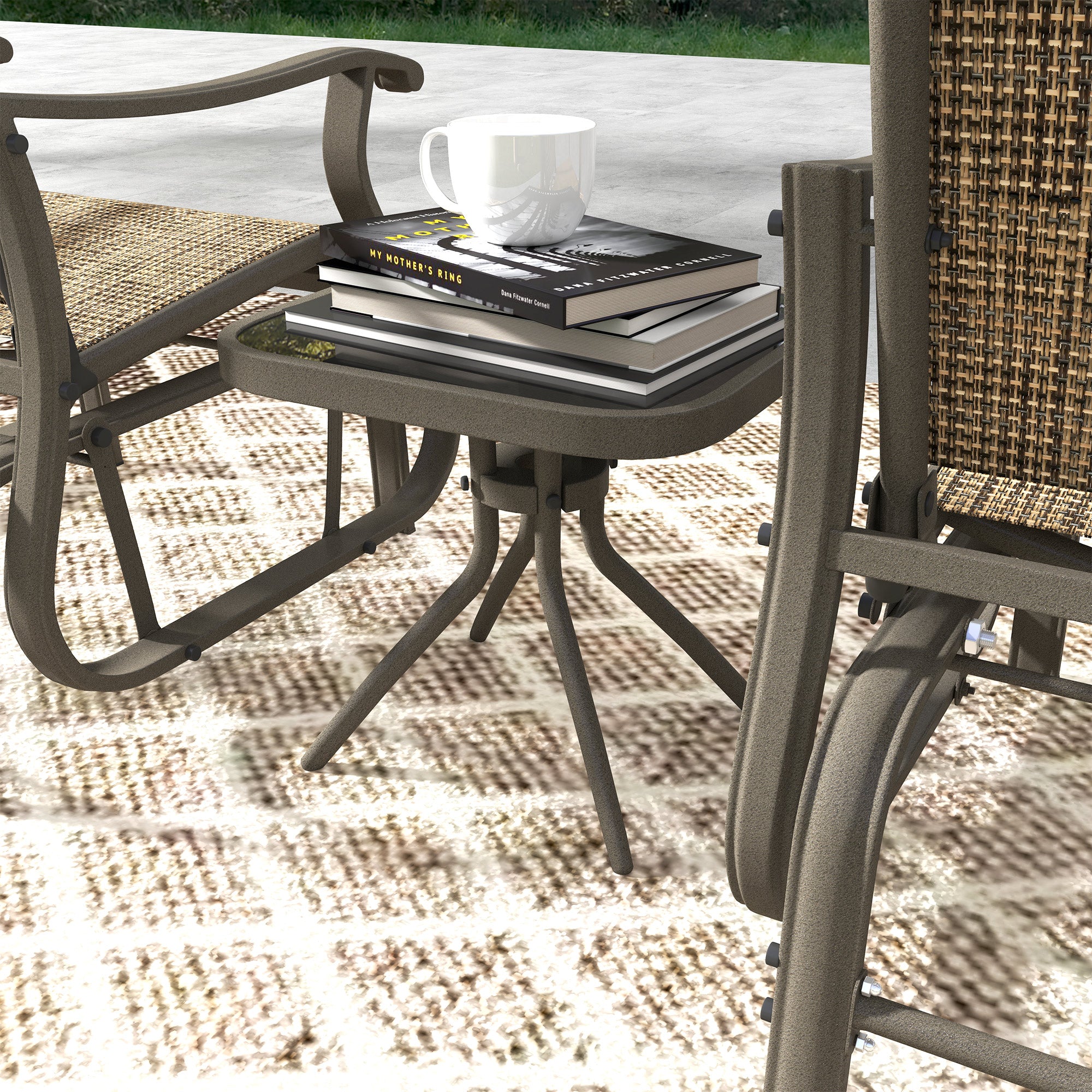 3-Piece Outdoor Gliders Set Bistro Set with Steel Frame, Tempered Glass Top Table for Patio, Garden, Light Mixed Brown