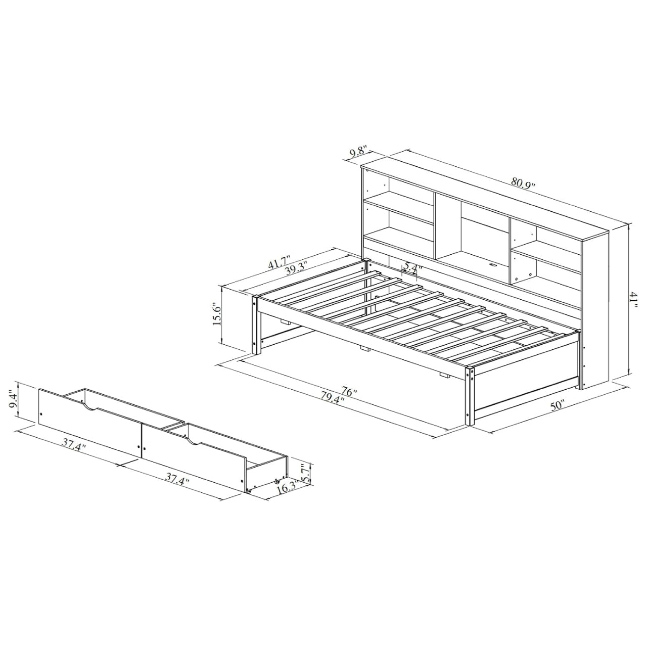 Twin Size Bed Frame with Side Bookshelves, Built-in USB Port, Type C Ports, Two Drawers for Extra Storage, 81" L x 50" W x 41" H, White