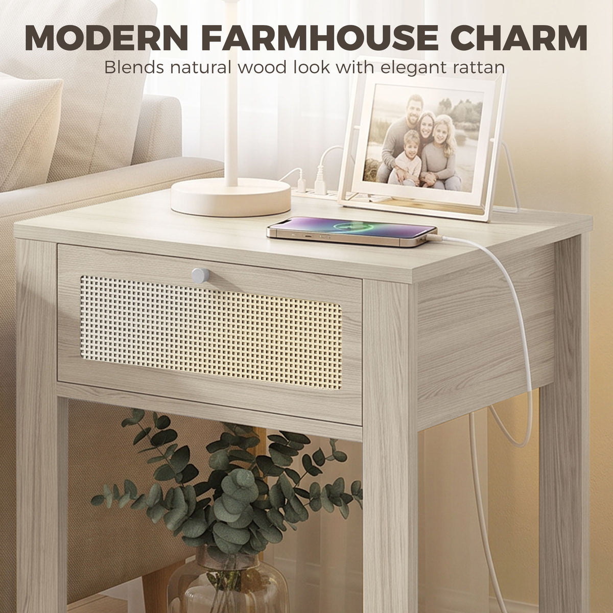 Boho Side Tables Set of 2 with Charging Station, End Tables with Drawer and Open Shelf for Living Room, Natural Wood