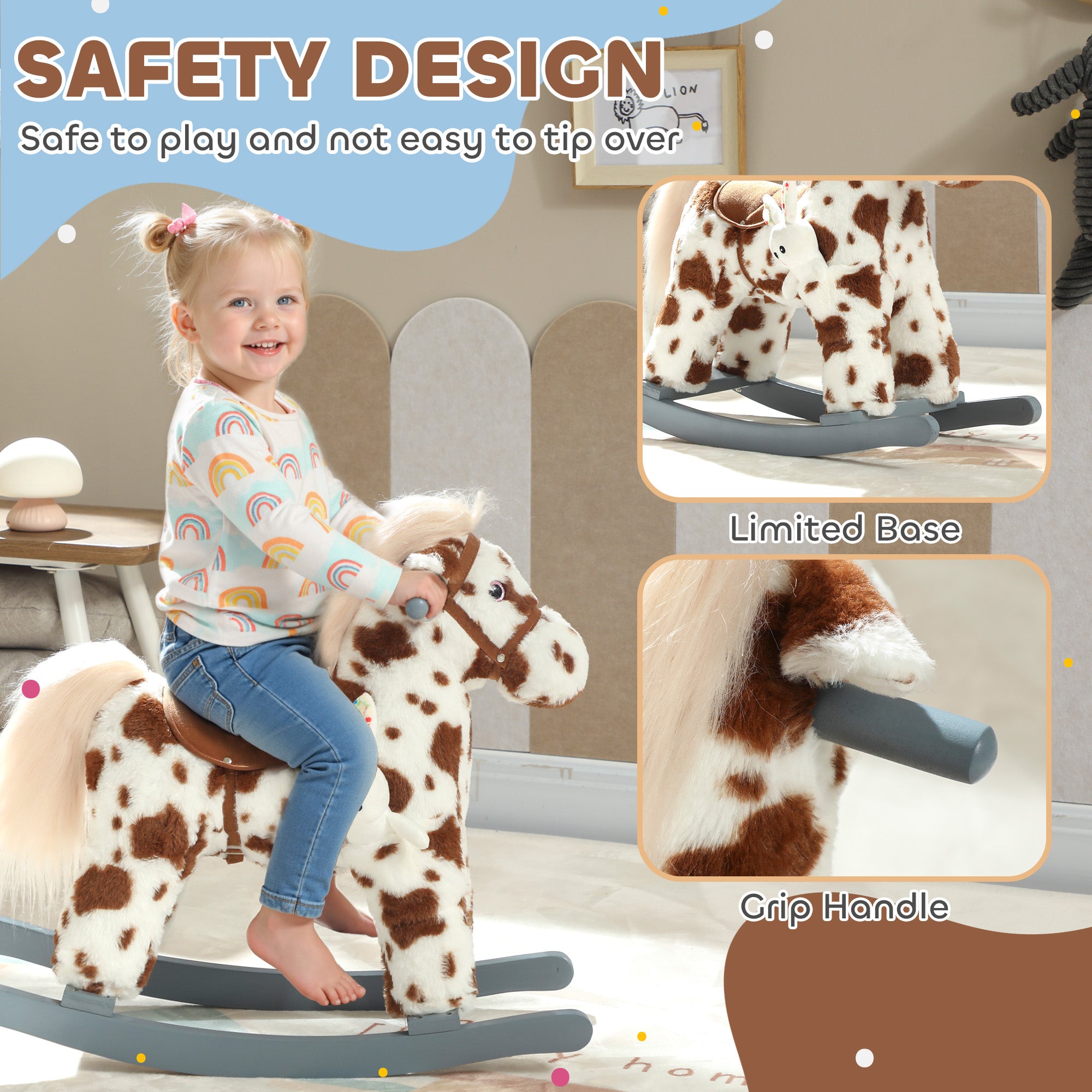 Rocking Horse, Animal Rocker with Rabbit Toy and Realistic Neigh for Toddlers, Soft Filling Ride on Pony, Brown