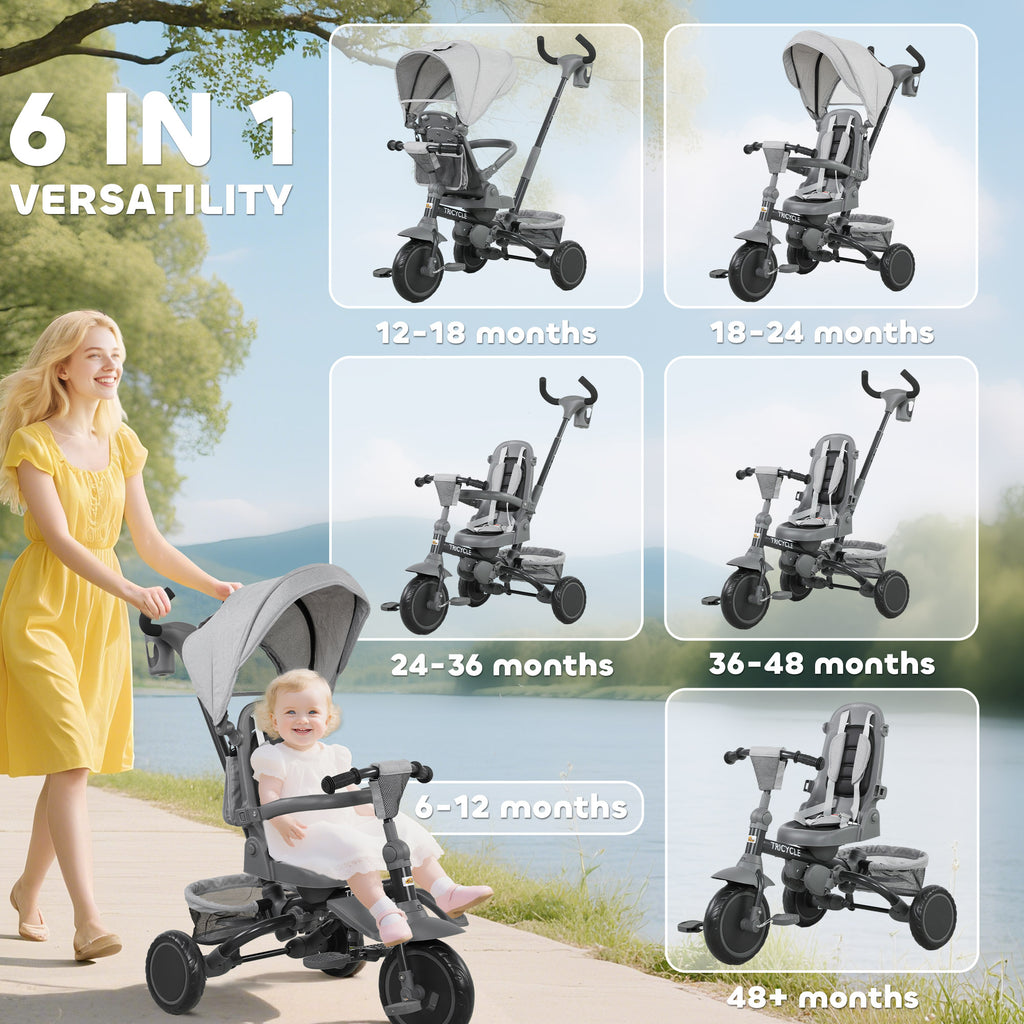6 in 1 Kids Tricycle with Adjustable Push Handle, Removable Canopy, Reversible Seat, for 1-5 Years, Gray