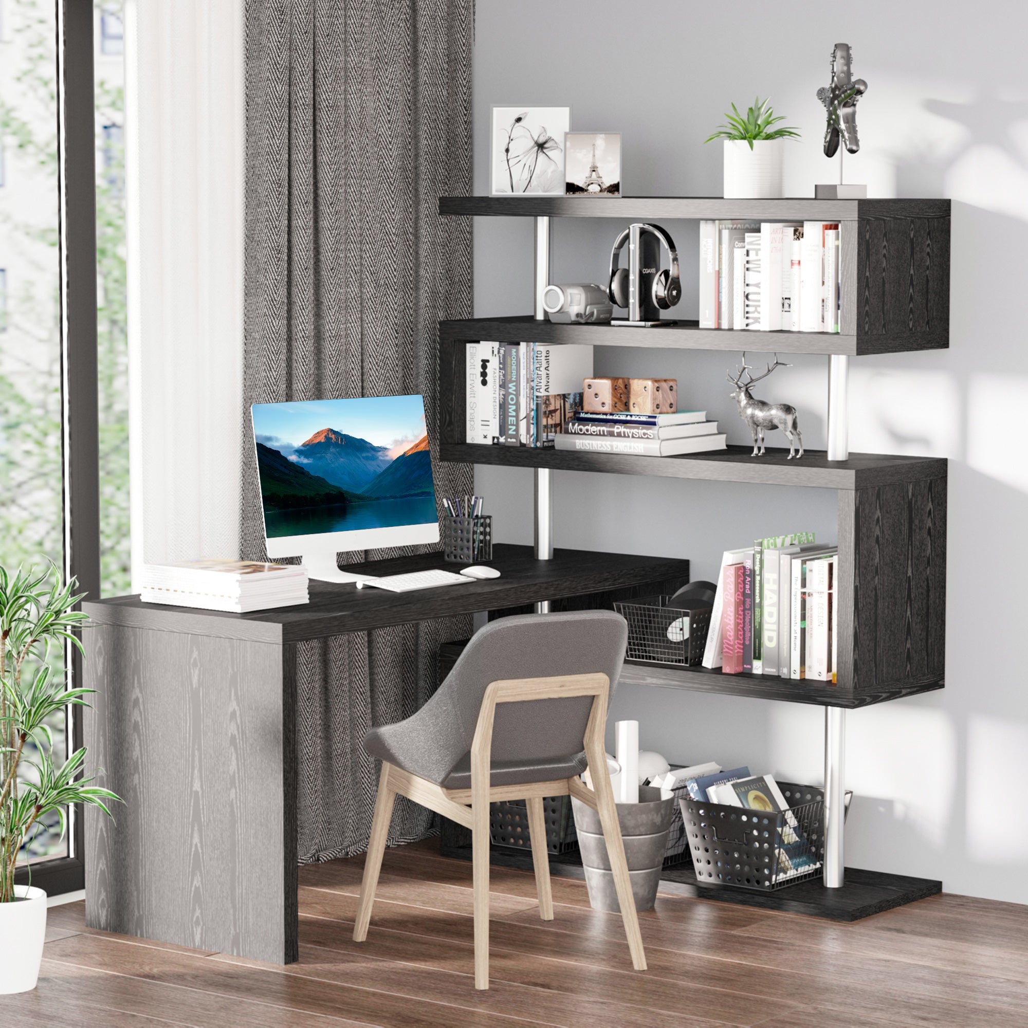 94" 5 Tier L-Shaped Computer Desk Rotating Writing Table Corner Desk with Display Shelves and Stainless Steel Frame, Black