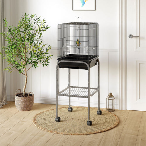 45-inch Metal Indoor Bird Cage, Parrot Cage, Bird Aviary with Detachable Rolling Stand, Storage Basket, and Accessories - Black