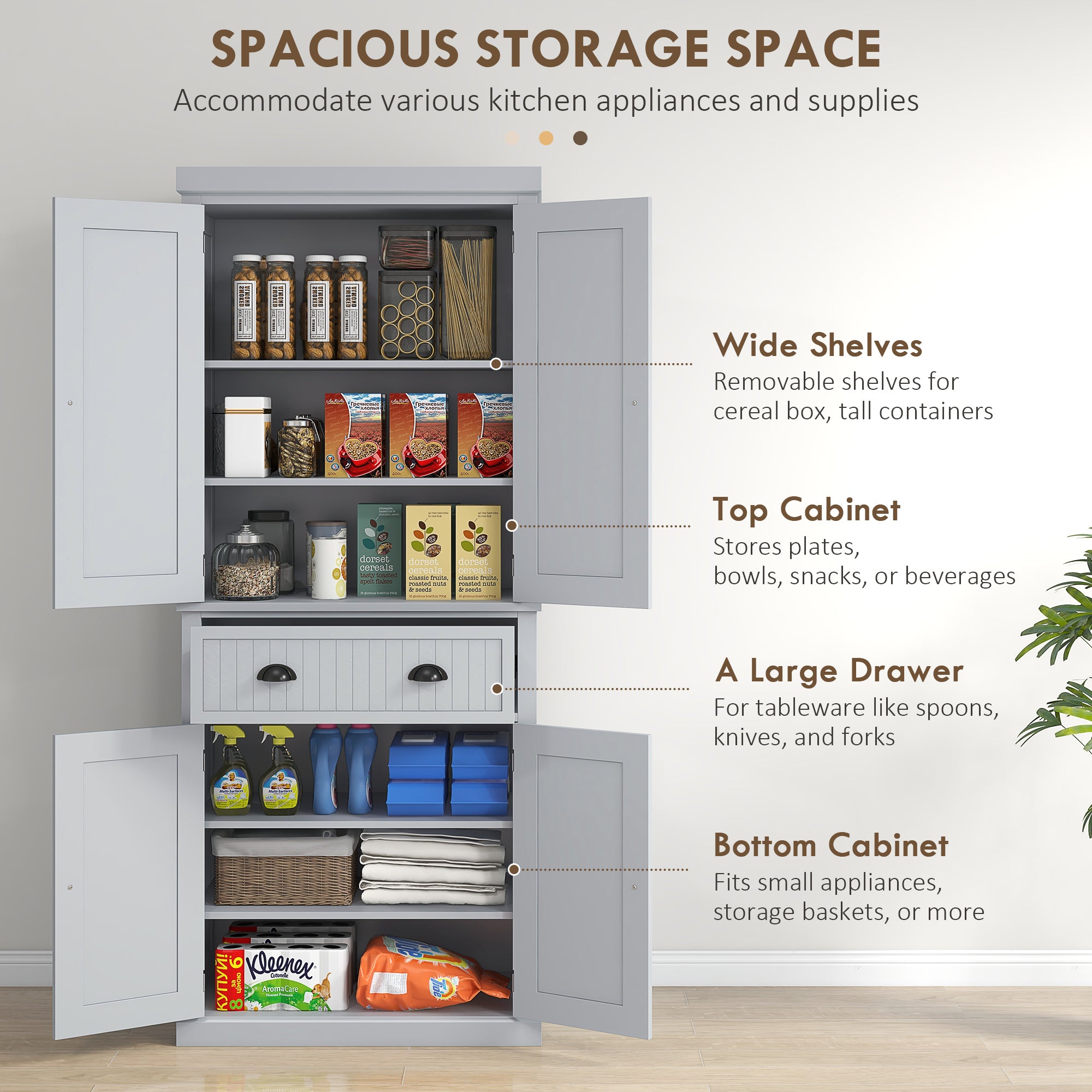 72" Traditional Kitchen Pantry Cabinet, Freestanding Tall Storage Cabinet with 4 Doors, Drawer and 3 Adjustable Shelves for Dining Room, Gray
