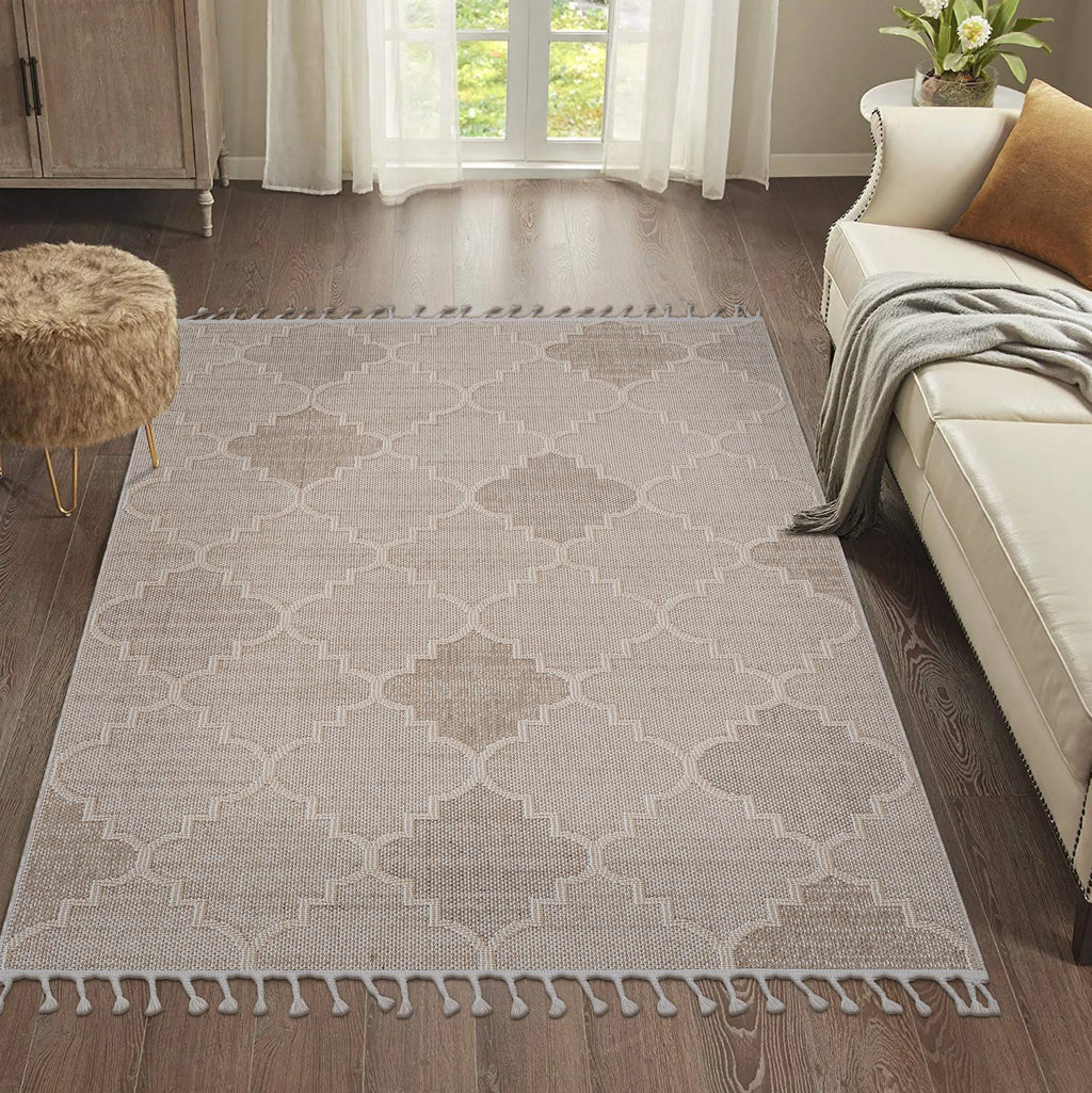 Naar 6x9 Indoor Outdoor Stain-Resistant Area Rug with Medium Pile Height, Kid and Pet-Friendly Carpet, 93" L x 79" W x 0.3" H, Cream