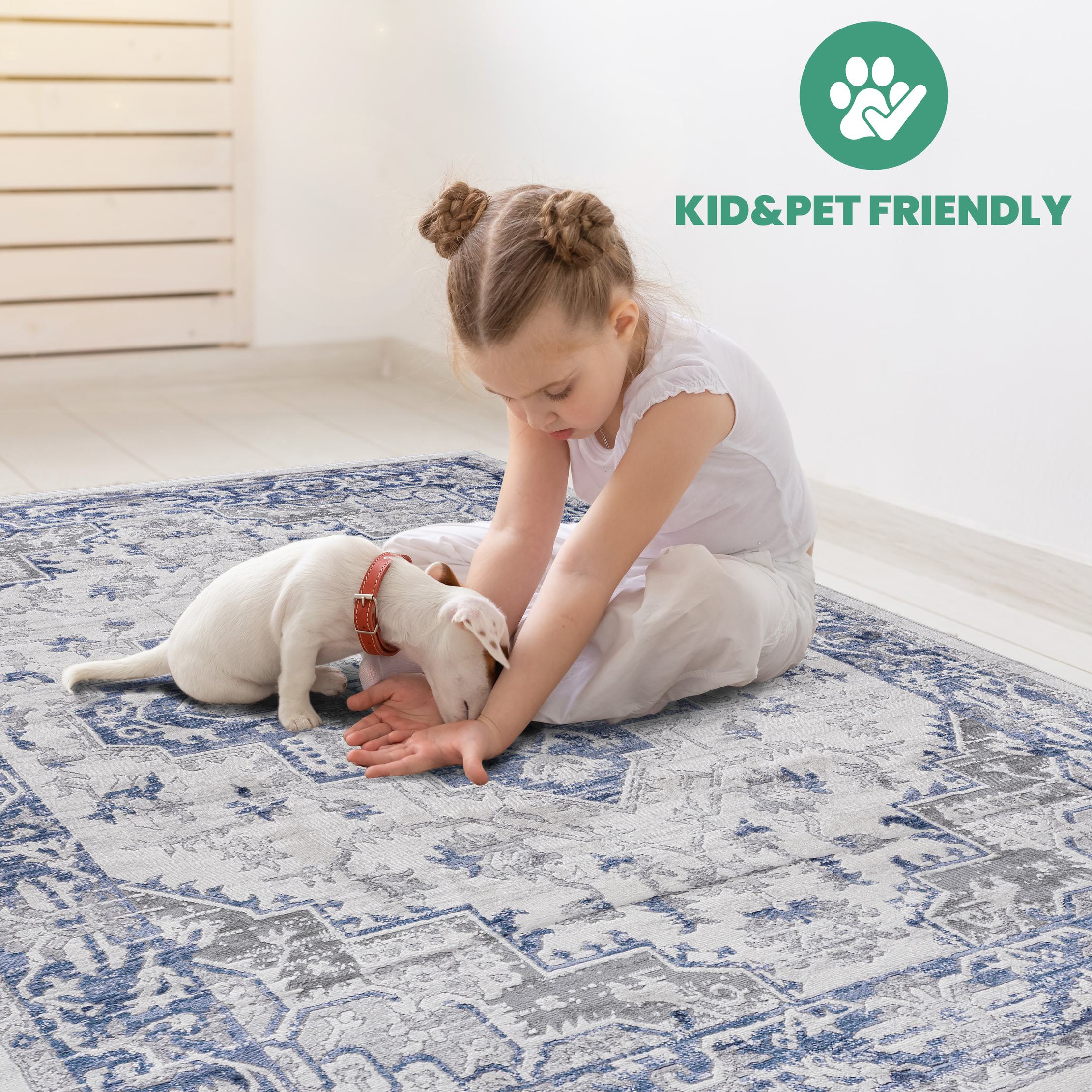 Naar 5x7 Stain-Resistant Area Rug with Cotton Backing, Medium Pile Height, Kid and Pet-Friendly Carpet, 90" L x 63" W x 0.35" H, Blue+Gray