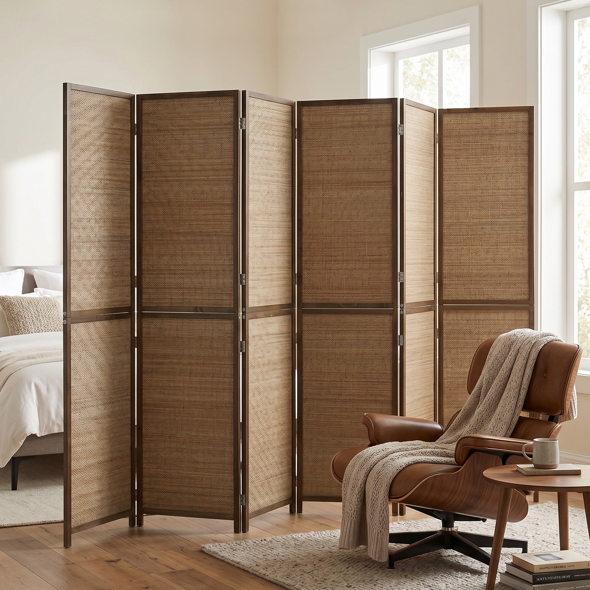 Room Divider, 6 Panel Folding Privacy Screen, 6 FT Tall Hand-Woven Bamboo Wall Partition, Brown