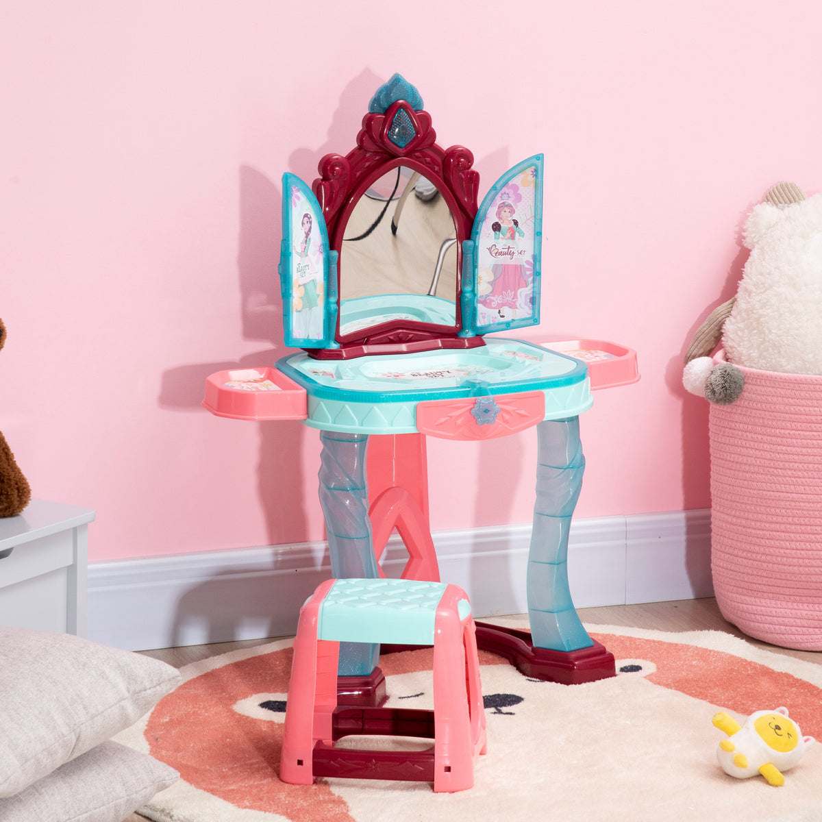 Kids Vanity Set with Self-Opening Magic Mirror, Princess Makeup Vanity Table Set with Music, Tabletop with Lights, Imaginative Toy for 3-6 Years Old Child