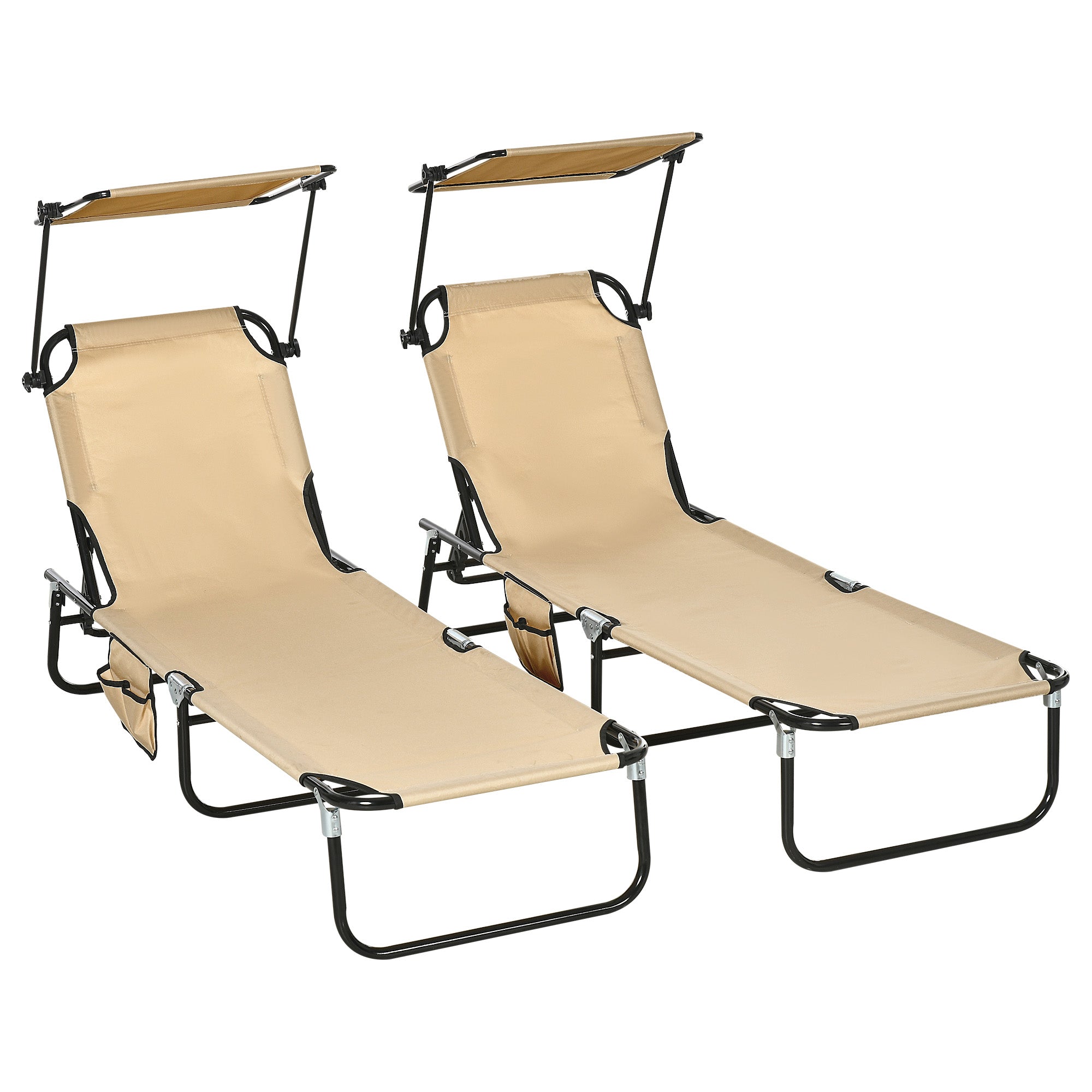 Chaise Lounge Pool Lounge Chairs Set of 2, Outdoor Sun Tanning Chairs, Reclining Back, Steel Frame and Side Pocket, Tan