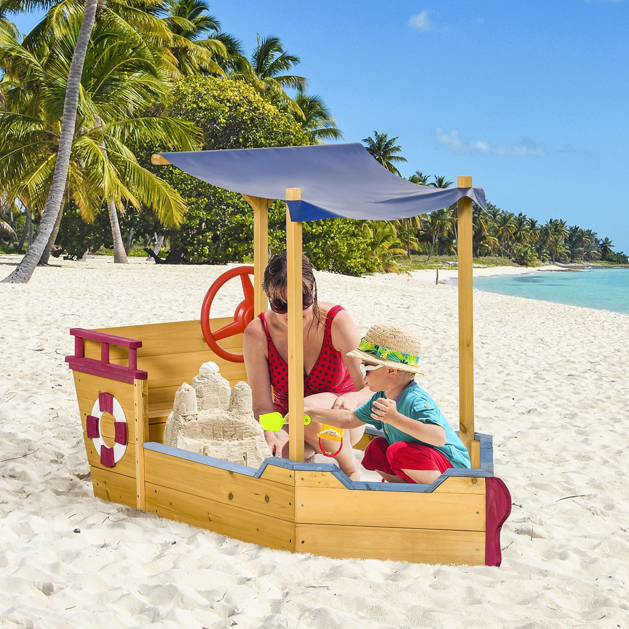Kids Wooden Sandbox, w/ Canopy Bench Seat Storage Space, Aged 3-8 Years Old