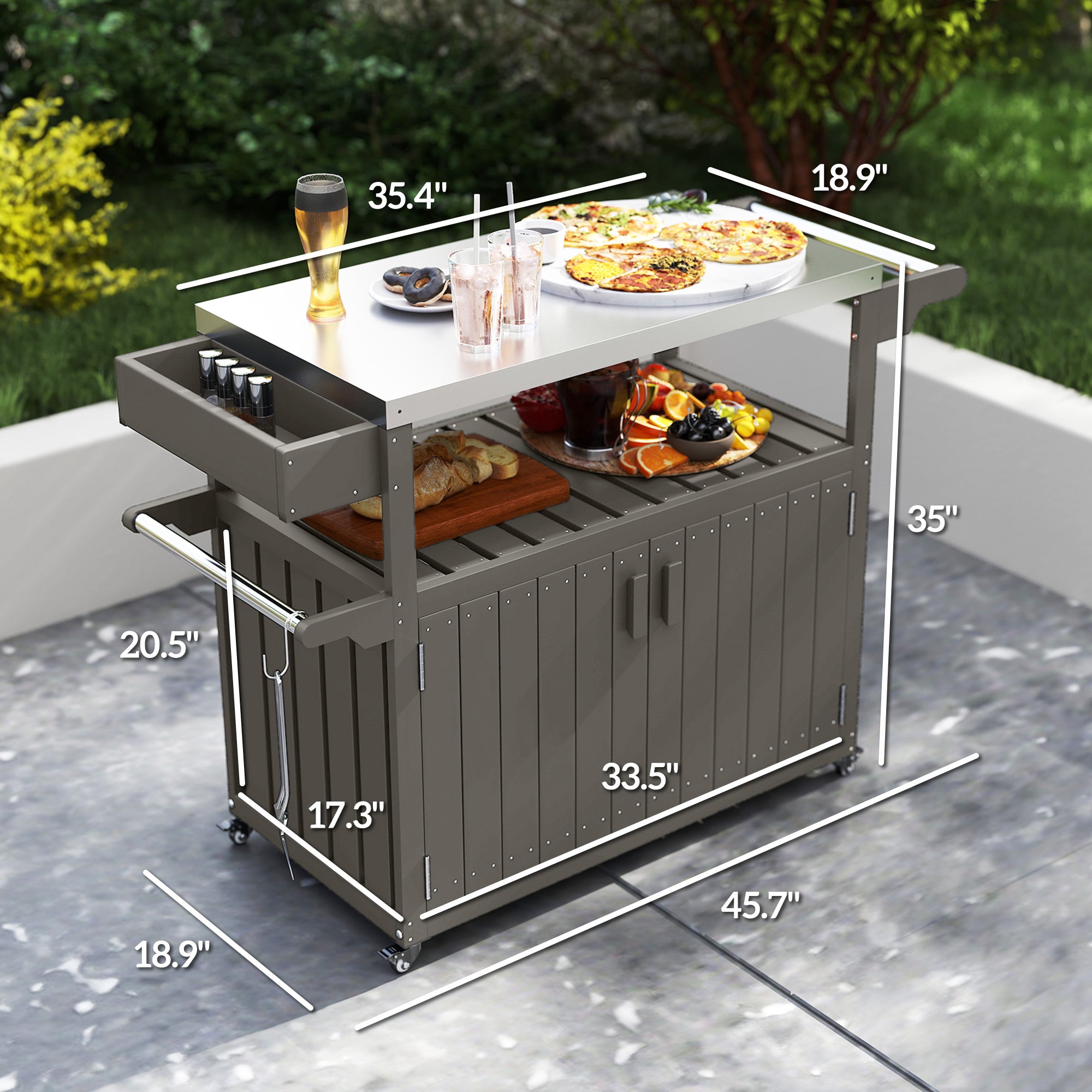 Outdoor Bar Cart with Storage, Stainless Steel Outdoor Bar Table Top, Wheeled HDPE Kitchen Island for Food Prep, Gray