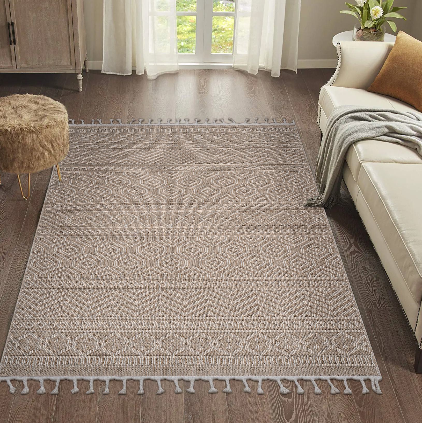 Naar 6x9 Geometric Indoor Outdoor Stain-Resistant Area Rug with Medium Pile Height, Kid and Pet-Friendly Carpet, 93" L x 79" W x 0.3" H, Mocha