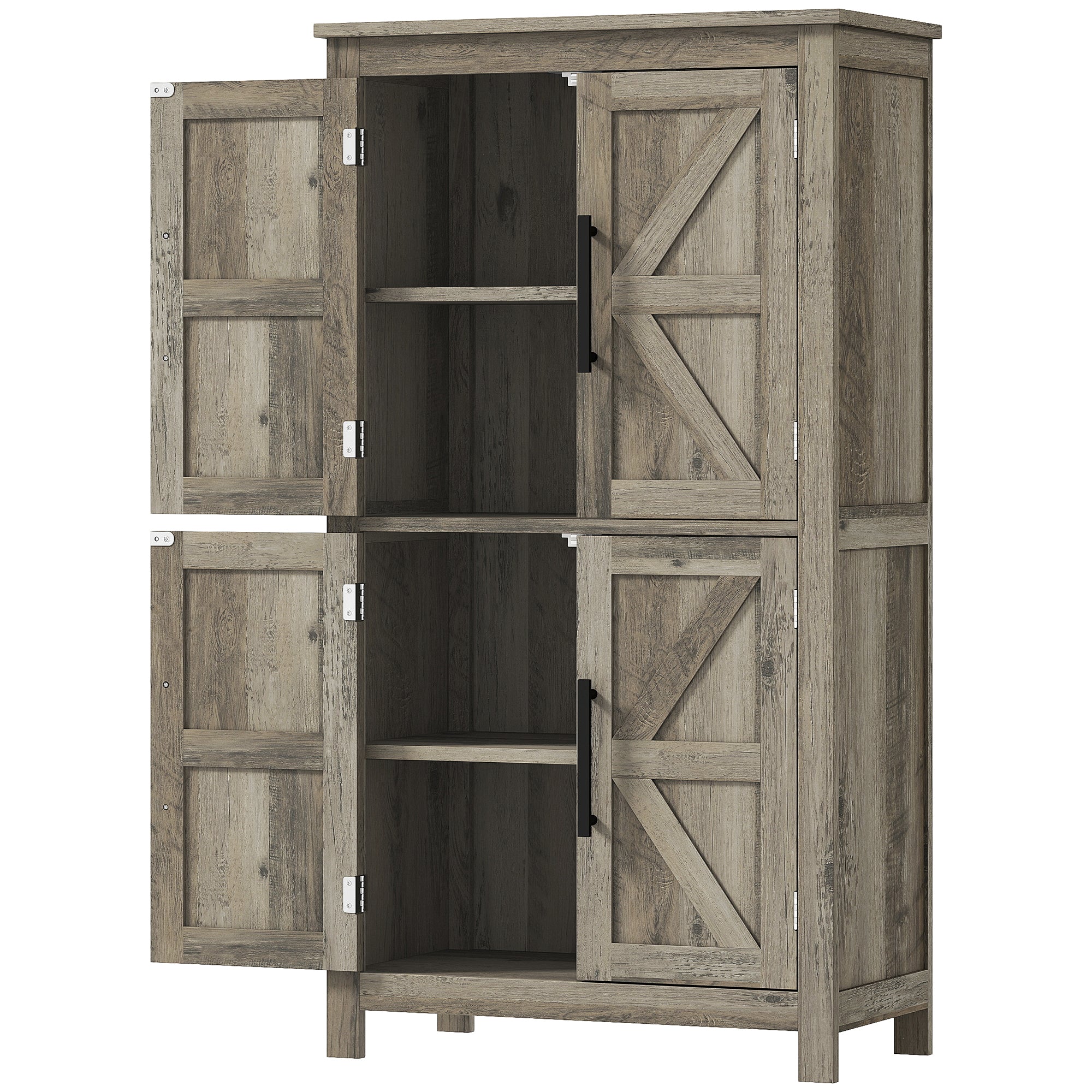 Bathroom Floor Storage Cabinet, Farmhouse Bathroom Cabinet with 4 Doors and Adjustable Shelf, Light Gray