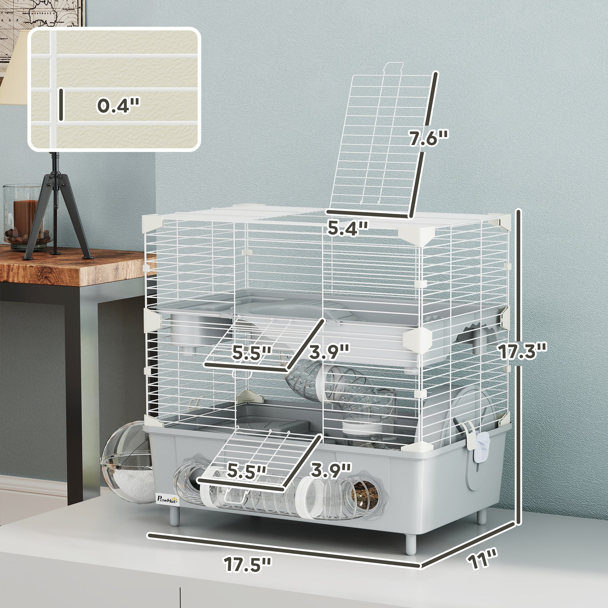 2-Tier Hamster Cage with Sand Bathroom, Running Wheel, Water Bottle, Tubes, Accessories, for Dwarf Hamster, Gray