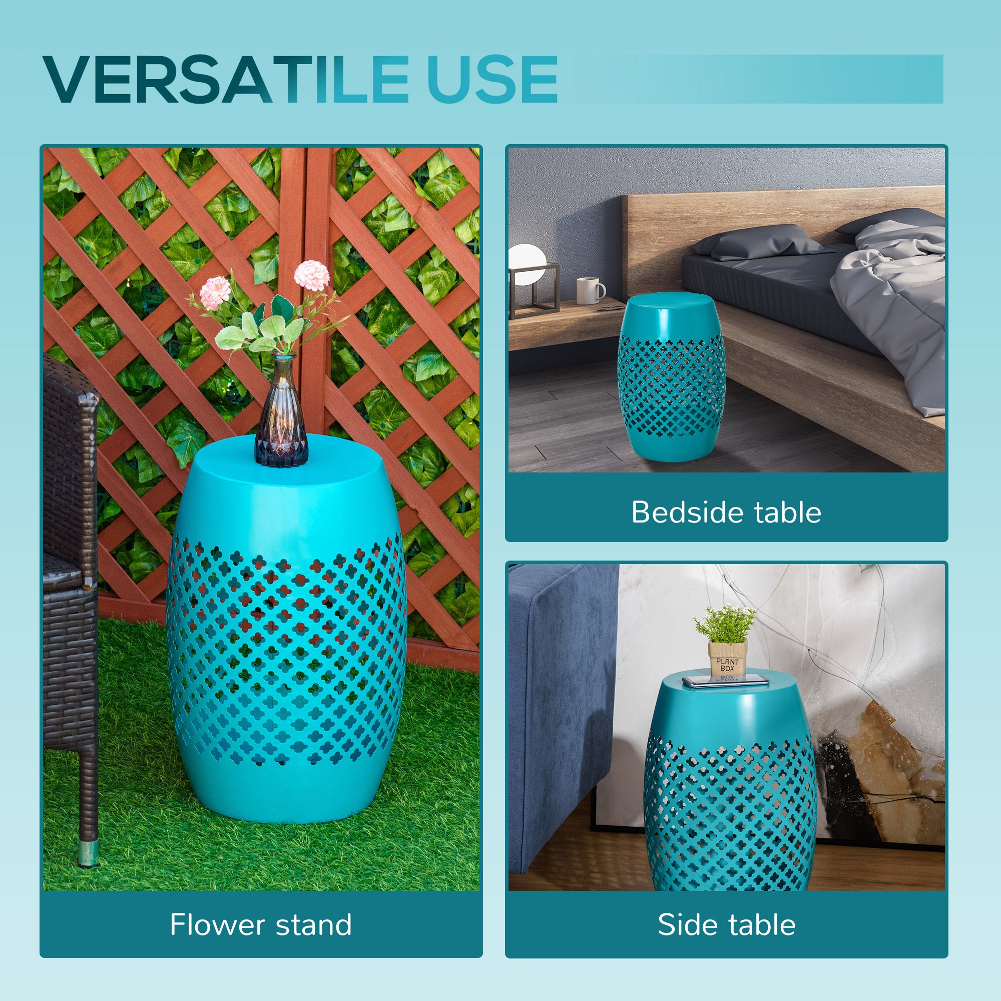 12" Steel Outdoor Side Table, Round Hollow Drum Patio End Table, Accent Table for Indoor and Outdoor, Blue