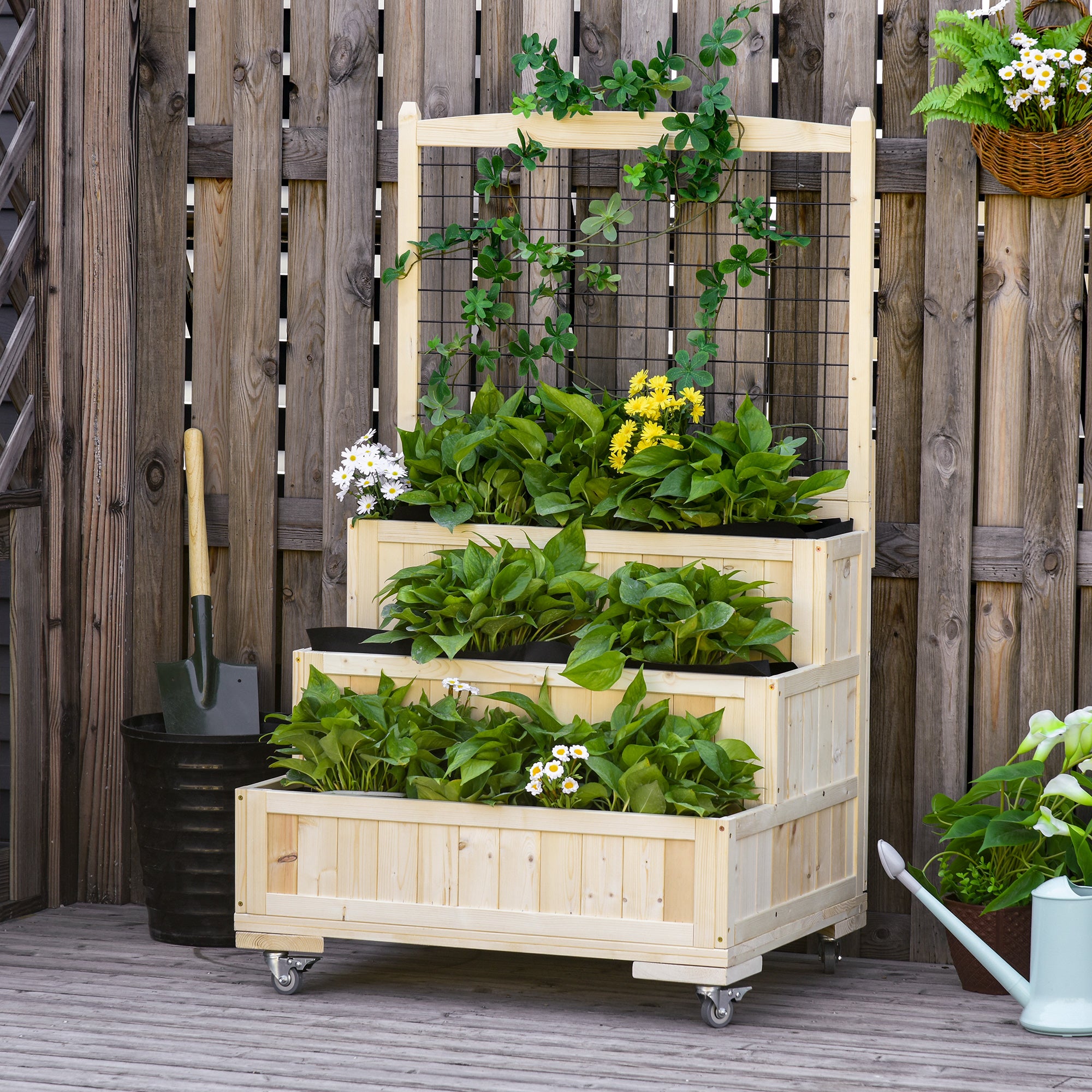 3-Tiers Raised Garden Bed with Trellis, 53" H Vertical Planter Box with Wheels & Back Storage Area, for Flowers, Vegetables, Herbs, Natural