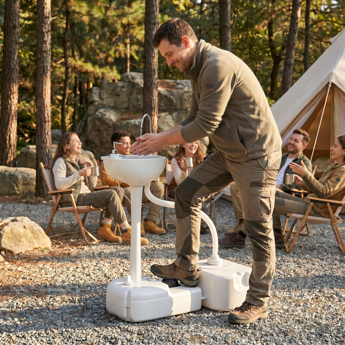 Portable Camping Sink, HDPE Handwashing Station Basin with 4.5 Gal Tank, 6.3 Gal Recovery Tank, Wheels & Soap Dispenser