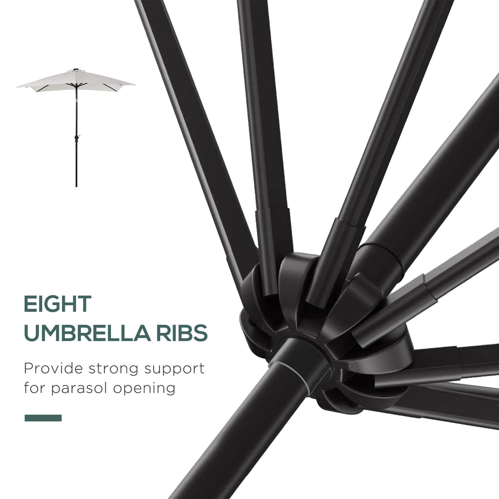 9' x 7' Patio Umbrella Outdoor Table Market Umbrella with Crank, Solar LED Lights, 45° Tilt, Push-Button Operation, for Deck, Backyard, Pool and Lawn, White