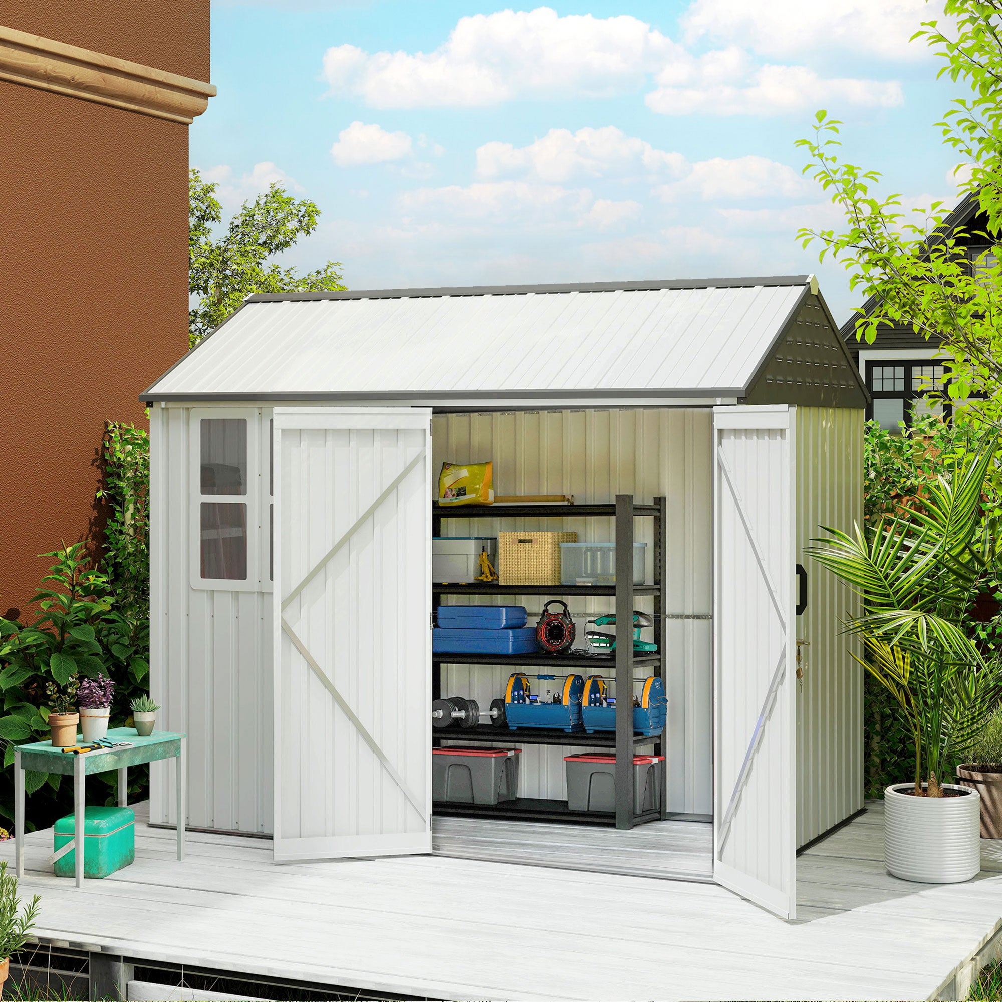 8' x 6' Metal Garden Storage Shed, Extra Large Outdoor Tool Storage House w/ Doors, Window and Air Vents, White
