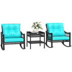 3 Piece Outdoor PE Rattan Rocker Chair Set, Rocking Chair with Tempered Glass Table Top, Turquoise Green