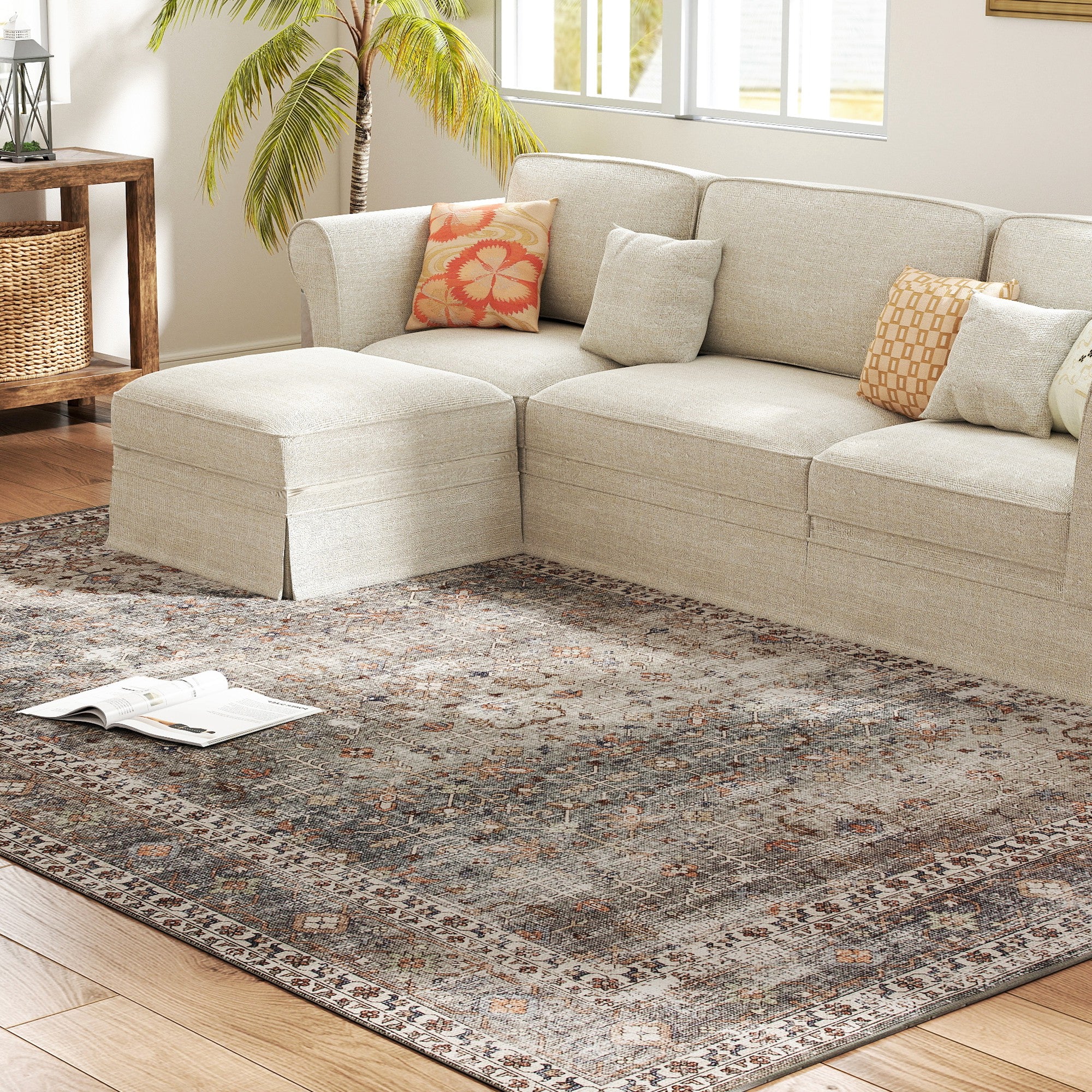 Machine Washable Area Rug 8x10, Non-Slip Traditional Floor Cover Foldable Carpet for Living Room, Dark Mixed-Brown