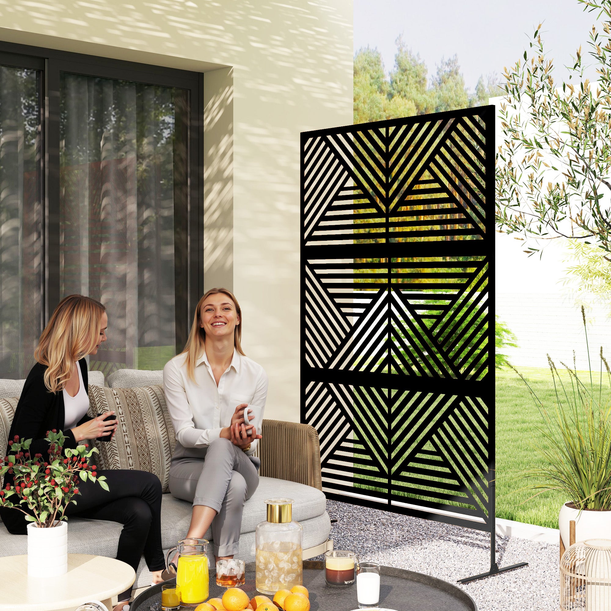 Decorative Privacy Fence Screen, Metal Outdoor Privacy Screen Climbing Plant Trellis with Stand, Rhombus Black