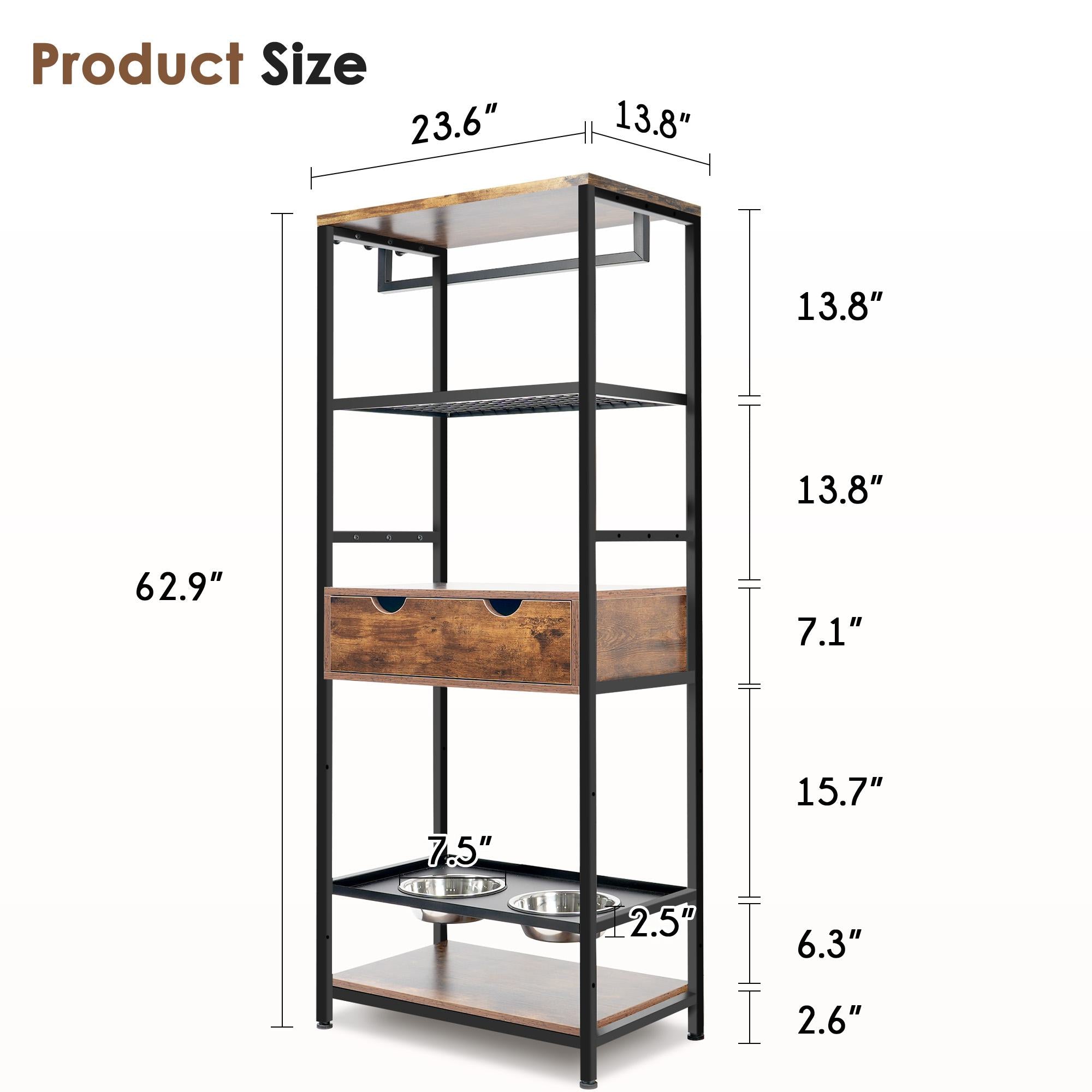 Feeding Station for Large and Medium Dogs or Cats with Height Adjustable Bowls, Storage Space, 23.5" L x 14" W x 63" H, Black+Vintage