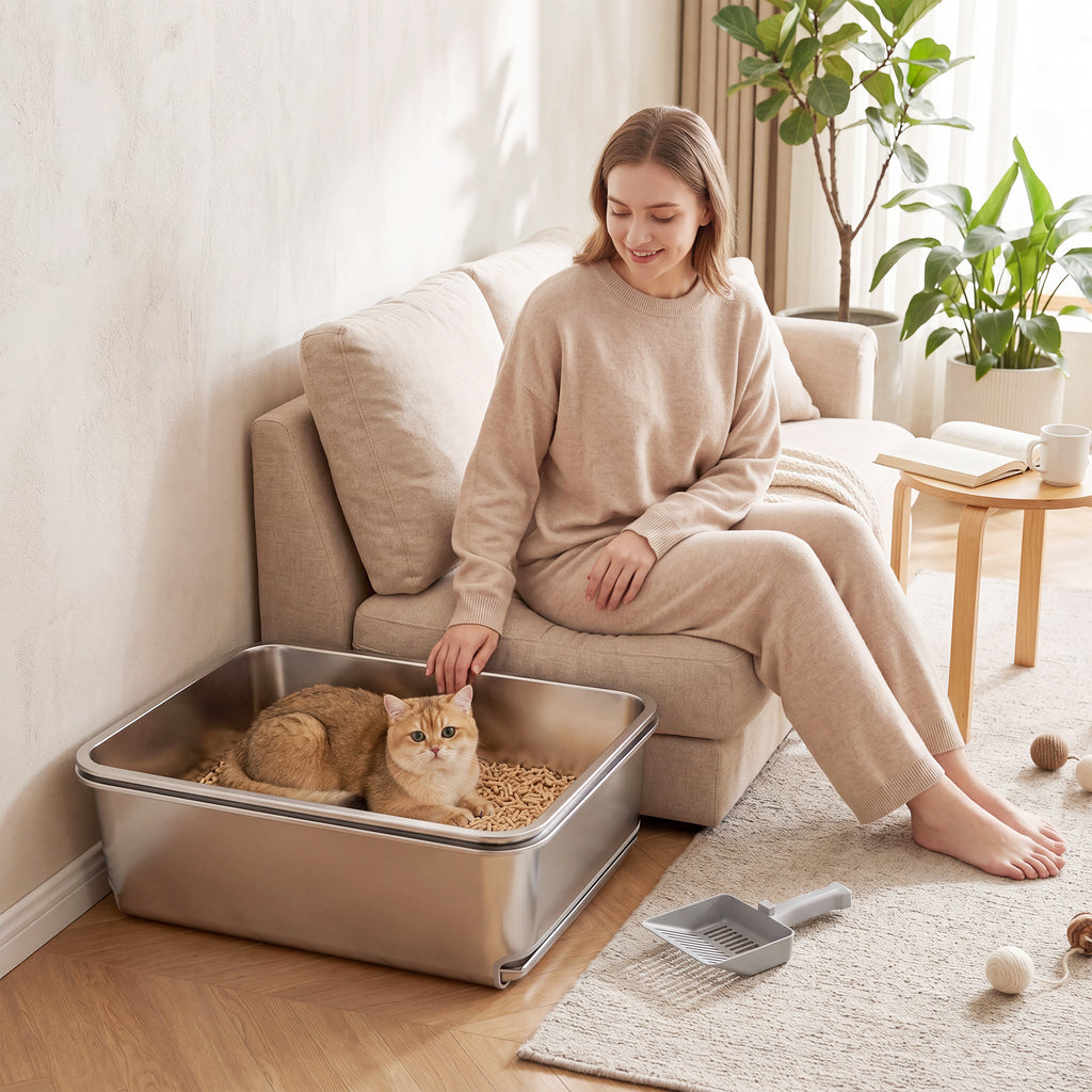Stainless Steel Litter Box, XL Sifting Cat Litter Box for Medium, Large Cat, Non-Sticky, Odour Free, Easy Clean, Silver