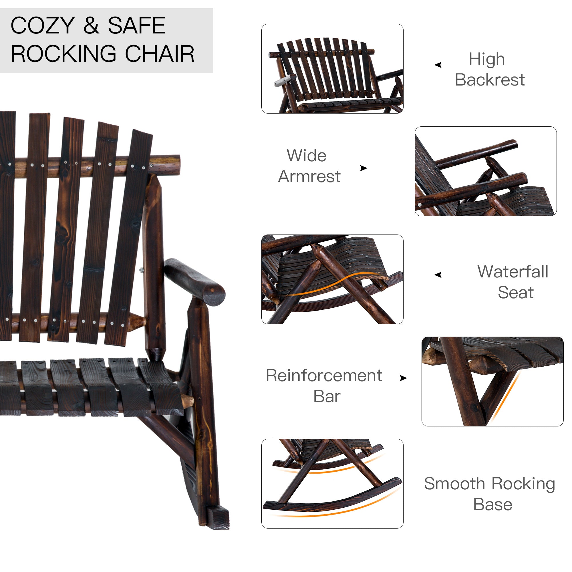 Wooden Porch Rocking Chair, Wood Double Adirondack, Rocker for Indoor or Outdoor with High Rise Slatted Back, Carbonized