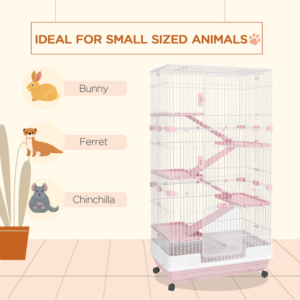 32"L 6-Level Small Animal Cage Rabbit Hutch with Universal Lockable Wheels, Slide-out Tray for Bunny, Chinchillas, Ferret, Pink
