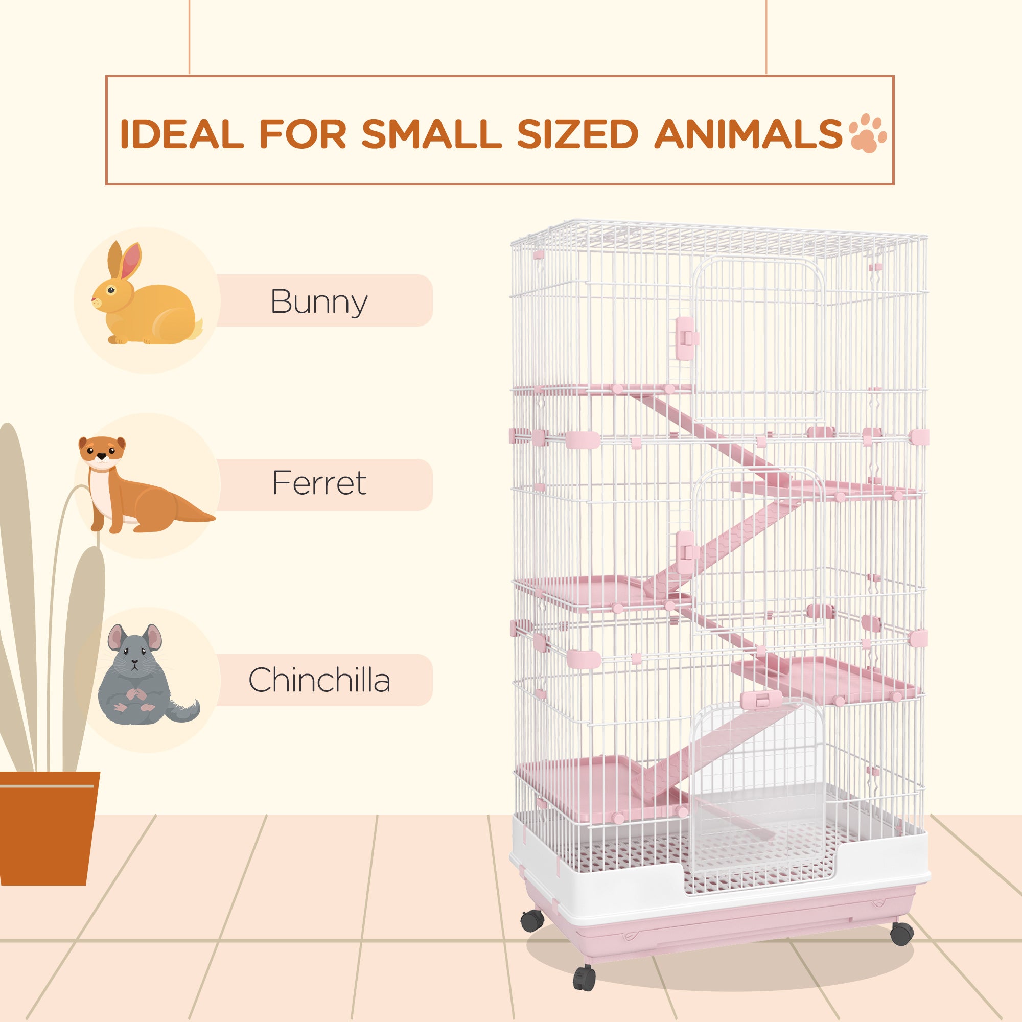 32"L 6-Level Small Animal Cage Rabbit Hutch with Universal Lockable Wheels, Slide-out Tray for Bunny, Chinchillas, Ferret, Pink