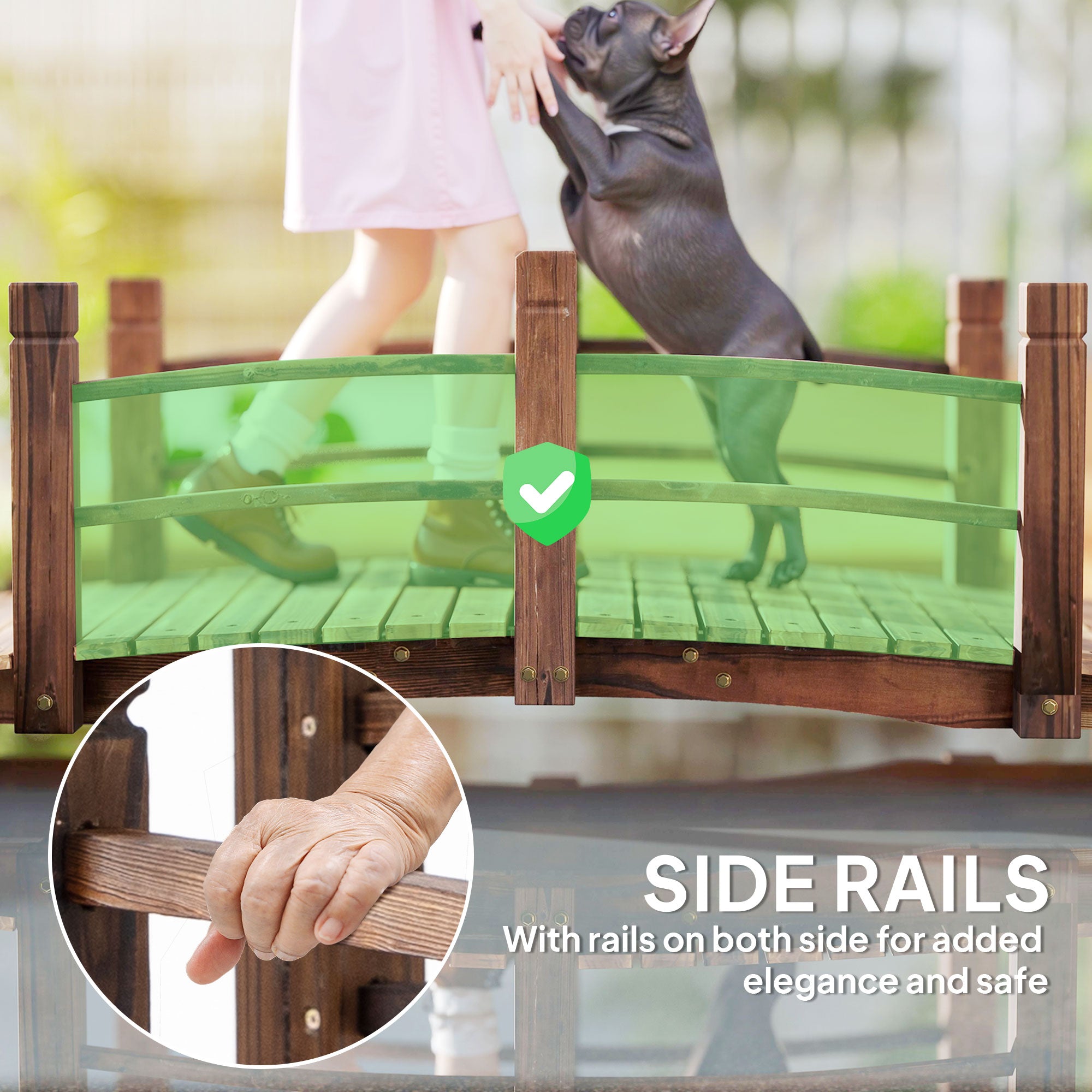 Fir Wood Garden Bridge Arc Walkway with Side Railings for Backyards, Gardens, and Streams, Stained Wood, 60" x 26.5" x 19"
