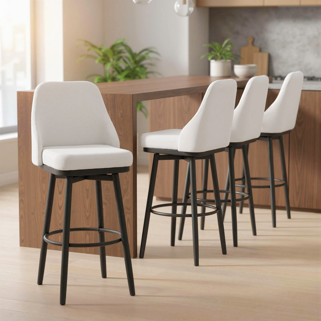 Bar Height Bar Stools Set of 2, Modern 360° Swivel Kitchen Chairs with Steel Legs and Footrest, 29.5 Inch Seat Height Upholstered Barstools for Kitchen Island, Cream White