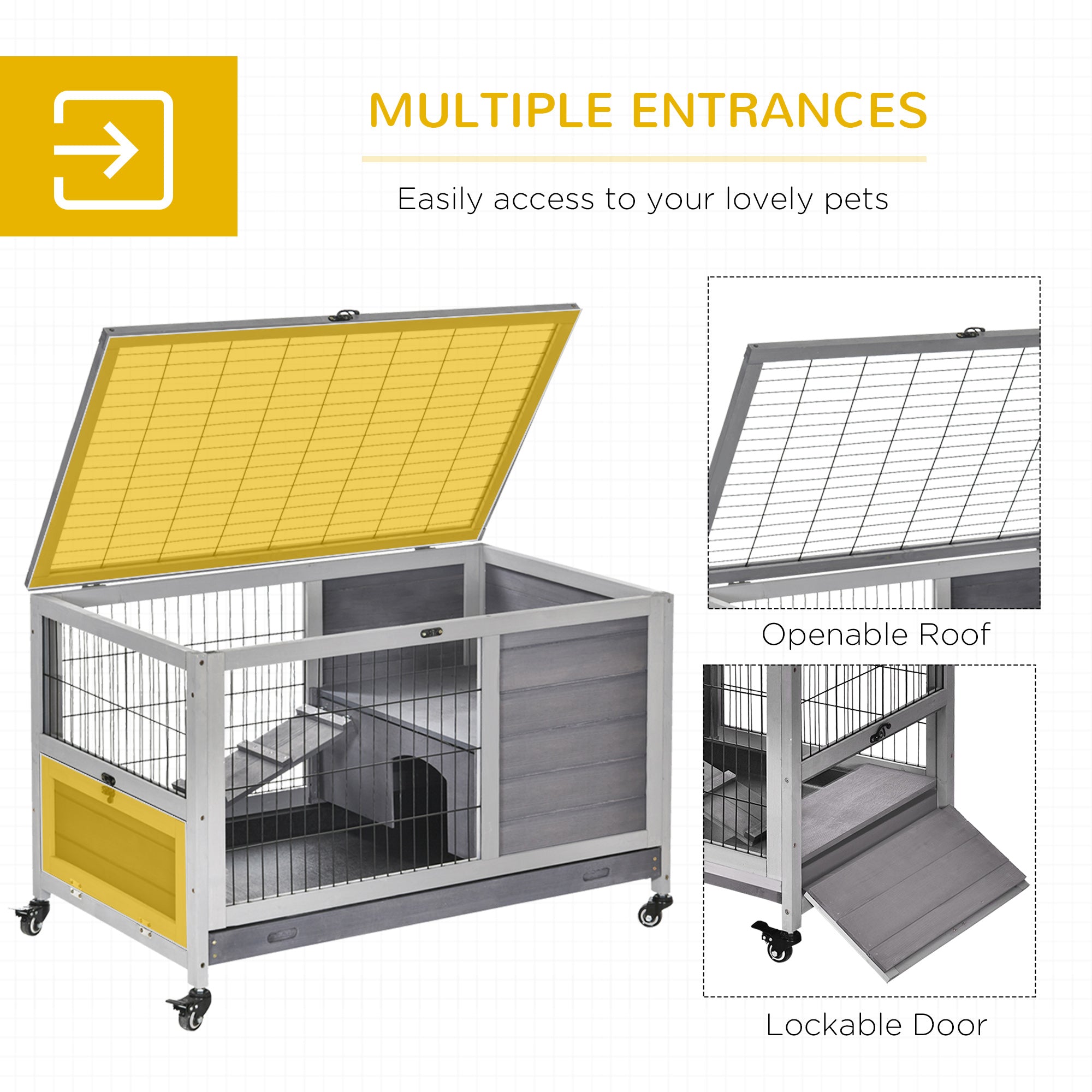 Indoor Rabbit Enclosure, Wooden Elevated Cage Habitat with Enclosed Run with Wheels - Ideal for Rabbits and Guinea Pigs