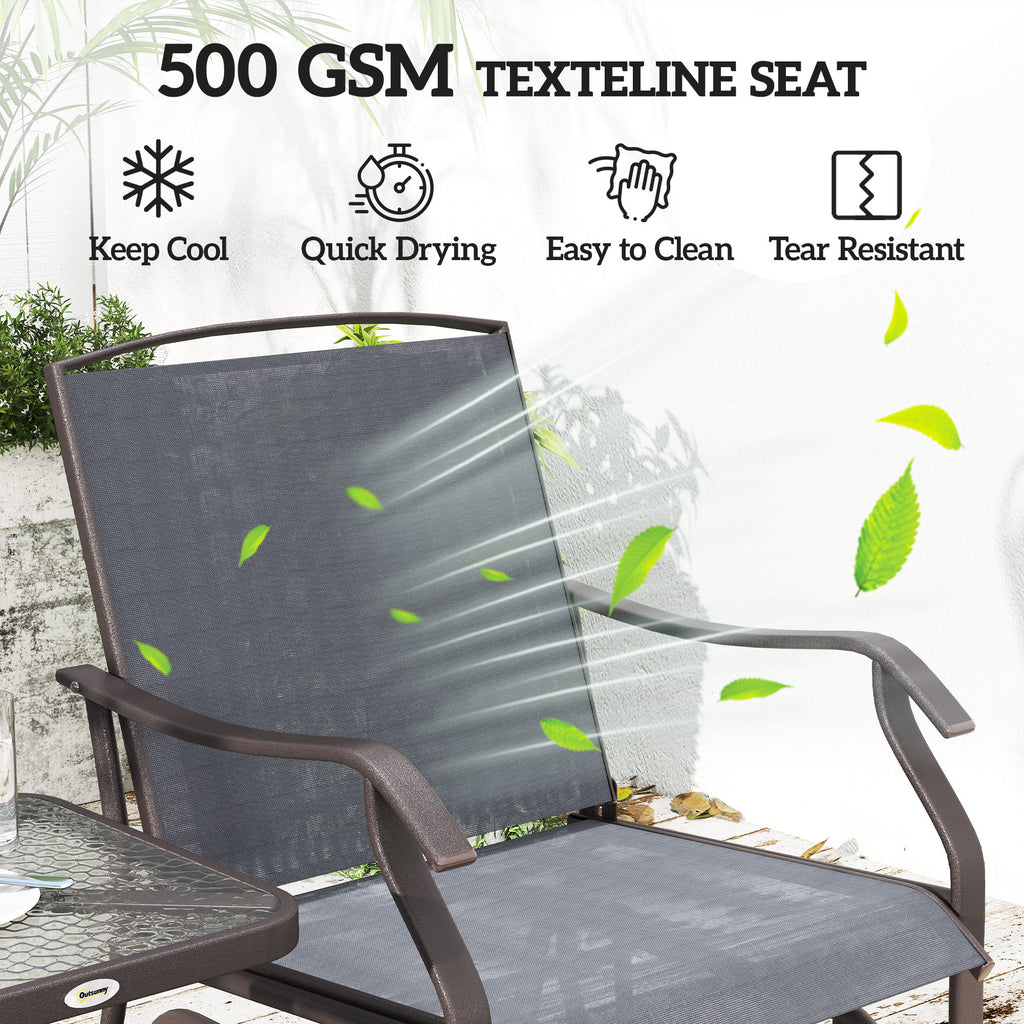3 Piece Outdoor Glider Chair with Coffee Table Bistro Set, 2 Patio Rocking Swing Chairs with Breathable Sling Fabric, Glass Tabletop, for Backyard, Garden and Porch, Gray