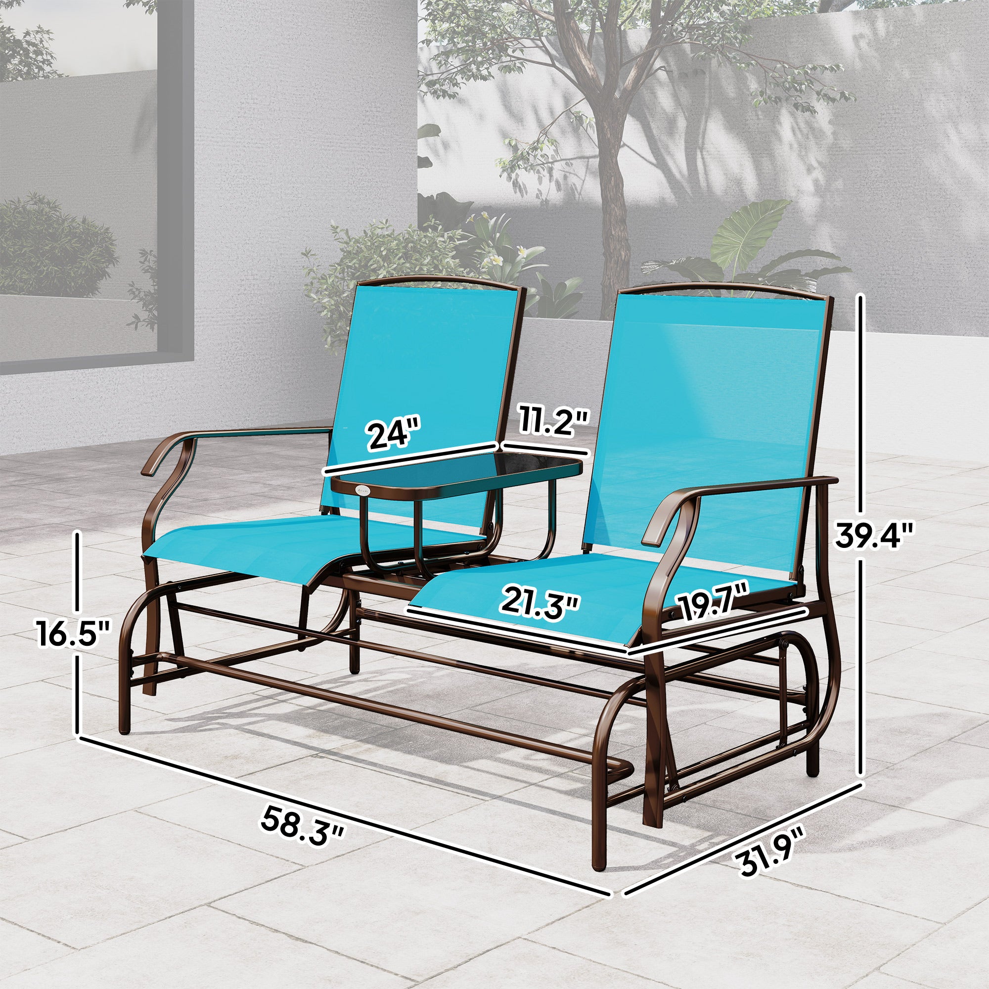 2 Seater Glider for Outside Outdoor Glider Seat with Breathable Mesh Fabric Armrests for Backyard Garden Porch Blue