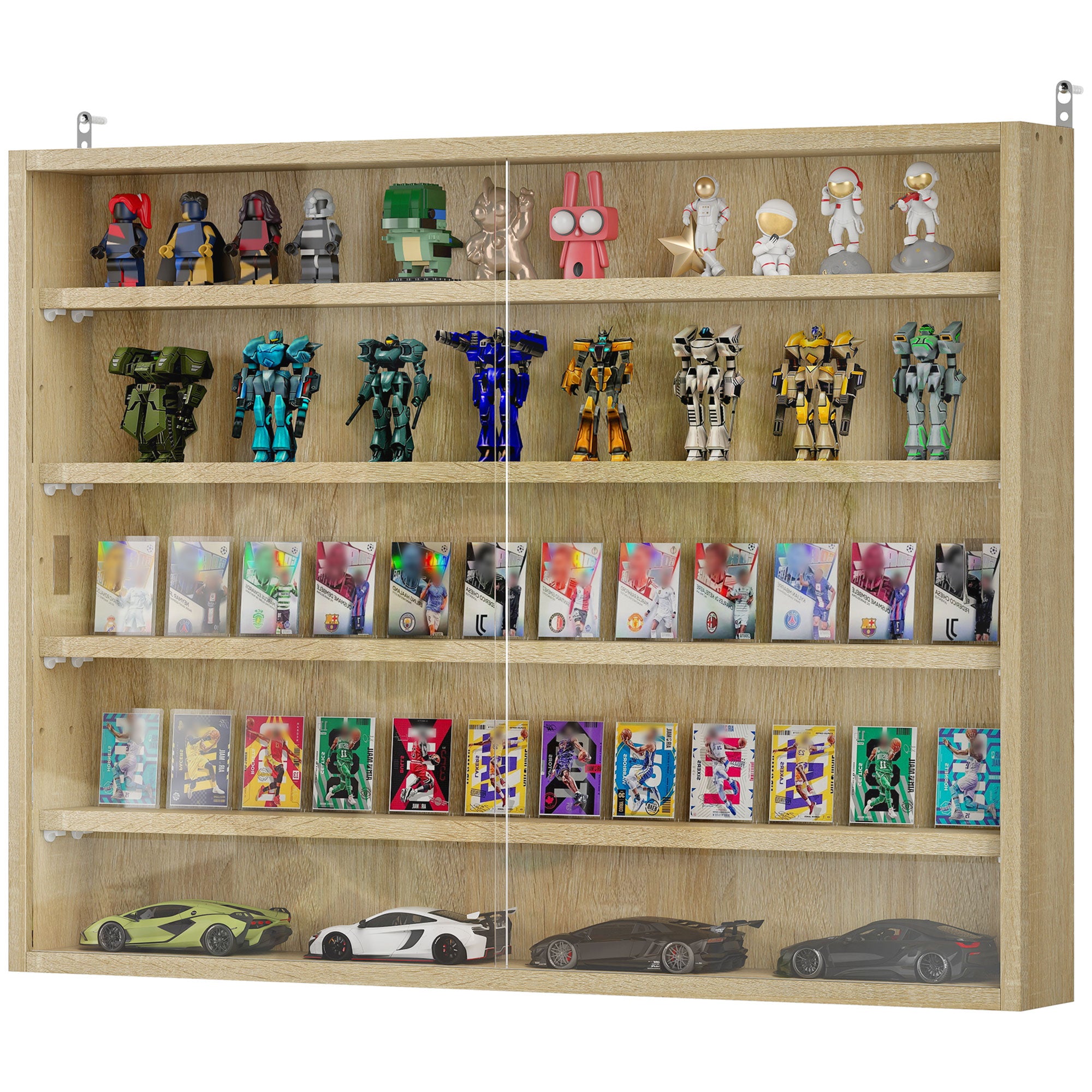 5-Tier Display Cabinet, Wall-Mounted Display Case with 2 Glass Doors and Adjustable Shelves, Oak