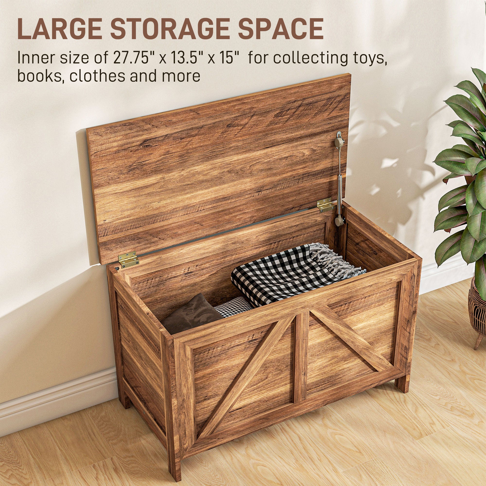 Storage Chest, Farmhouse Lift Top Box Organizer with Safety Hinge, for Bedroom, Entryway, Living Room, Brown Oak