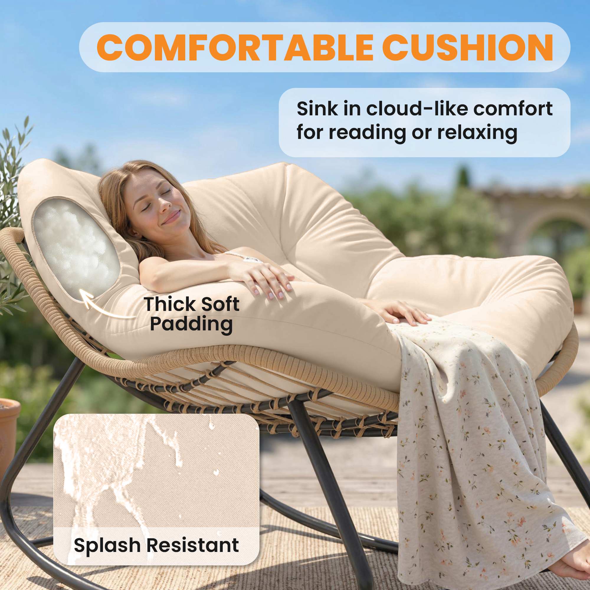 Indoor Outdoor Papasan Rocking Chair, Oversized Rocking Egg Chair with Cushion for Garden, Patio, Cream White
