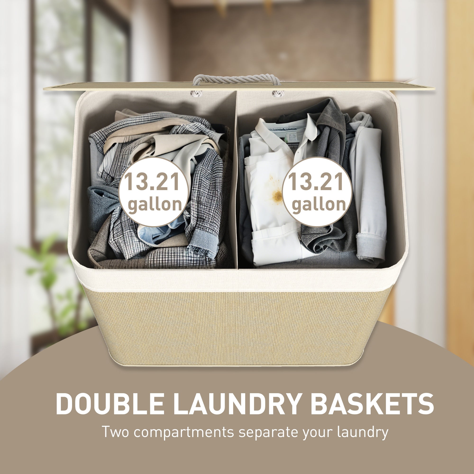 Double Laundry Basket with Lid, 26.4 Gallon Bamboo Laundry Hamper with Rope Handles and Removable Liner, Natural
