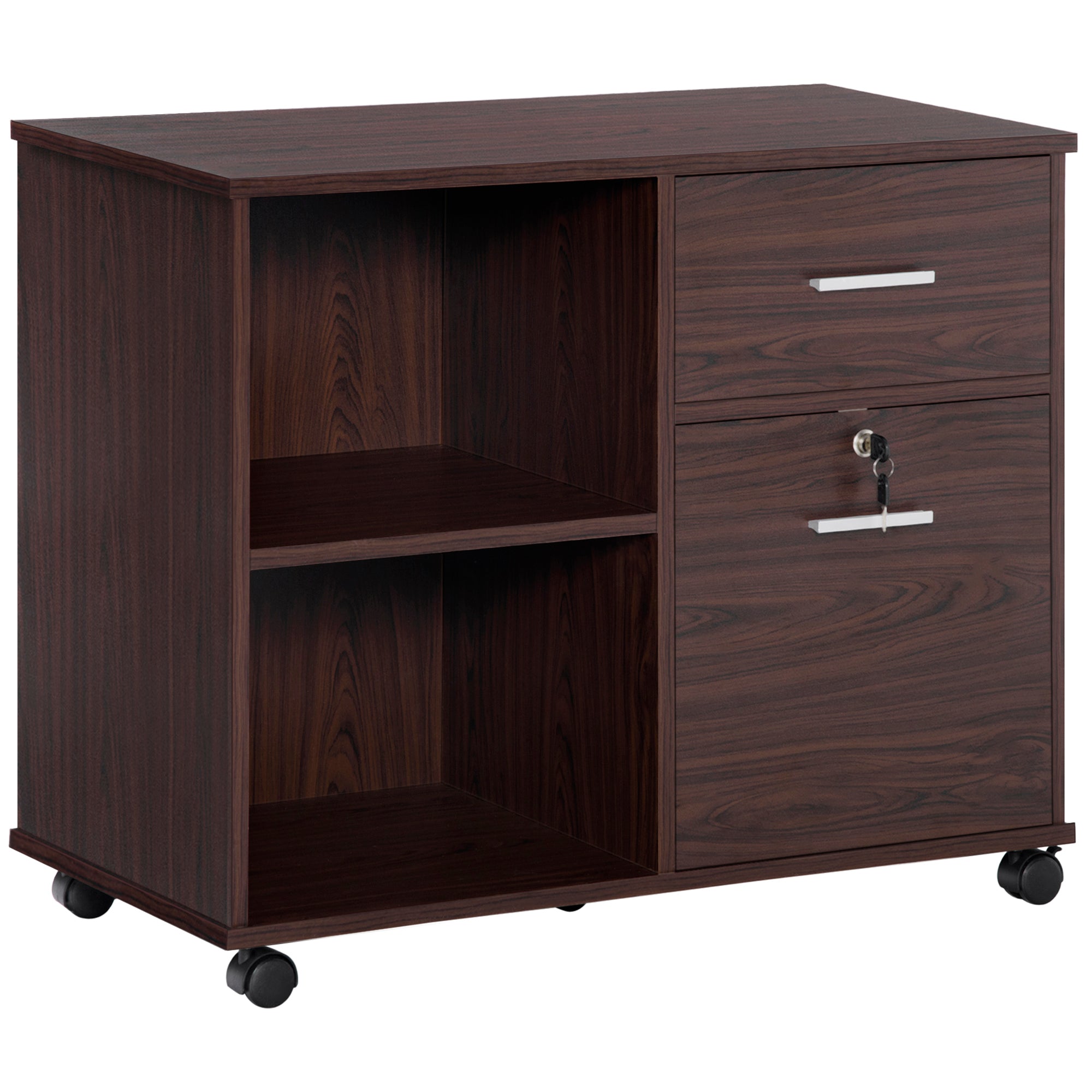 Lateral File Cabinet with Wheels, Mobile Printer Stand with Open Shelves and Drawers for A4 Size Documents, Walnut